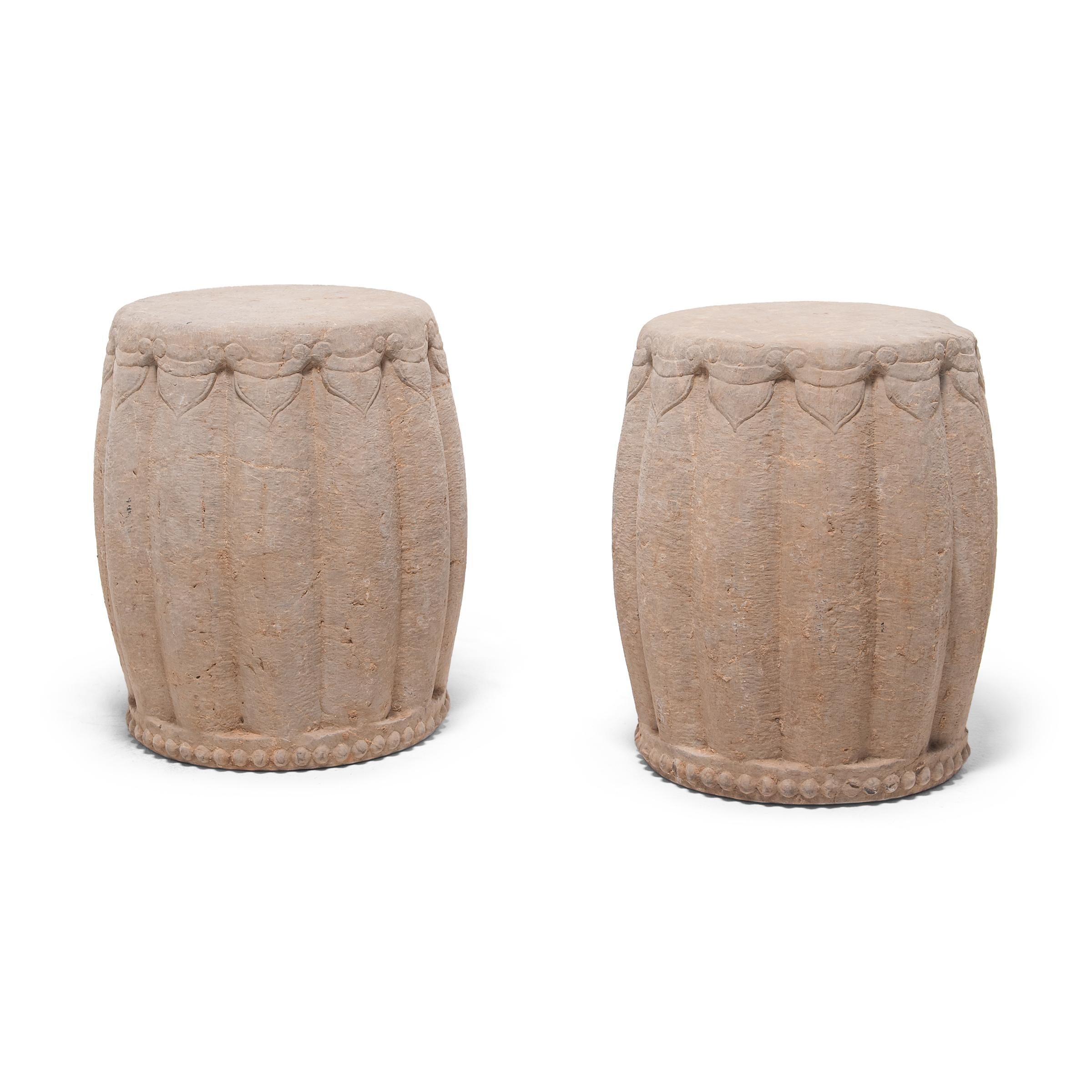 Chinese Limestone Melon Drum Stool, circa 1900 2