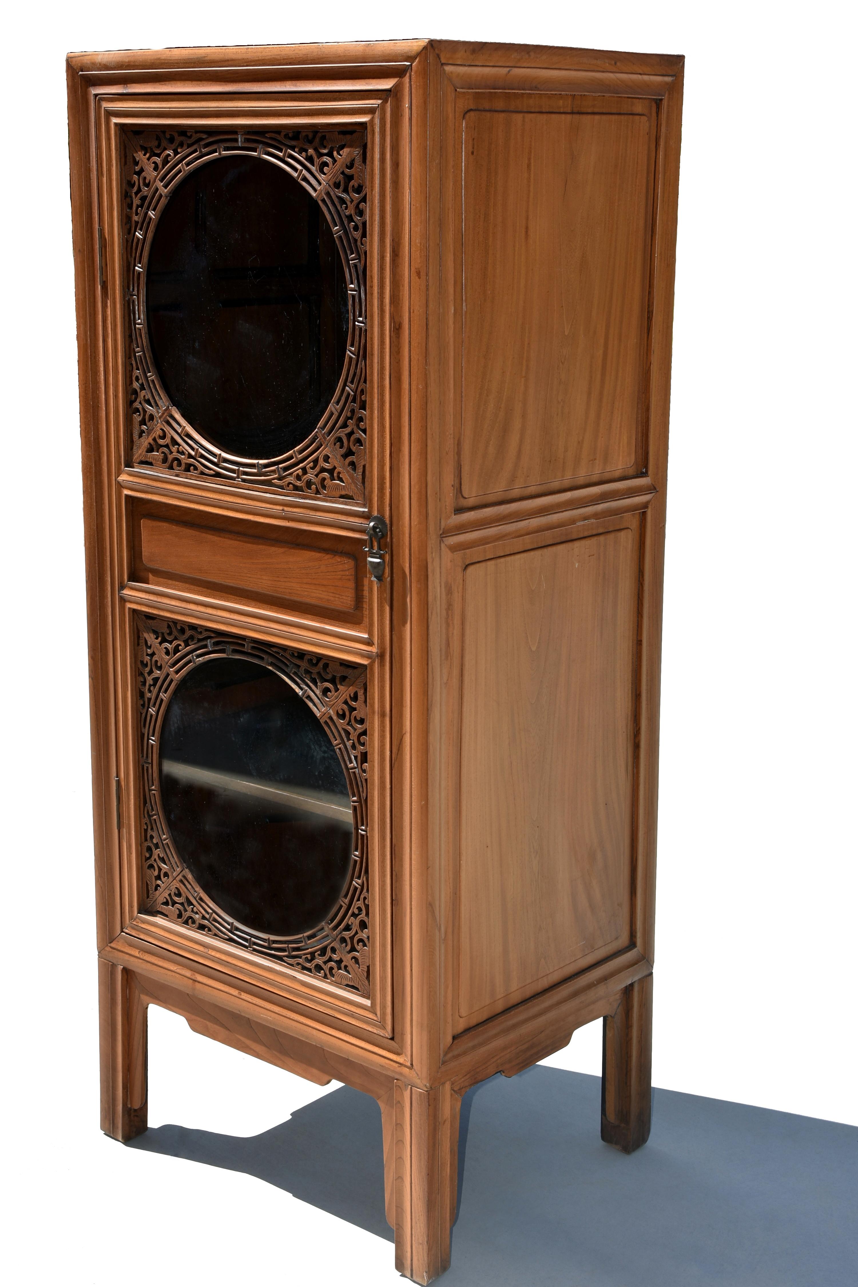 Ming Chinese Linen Glass Cabinet with Carved Wood For Sale
