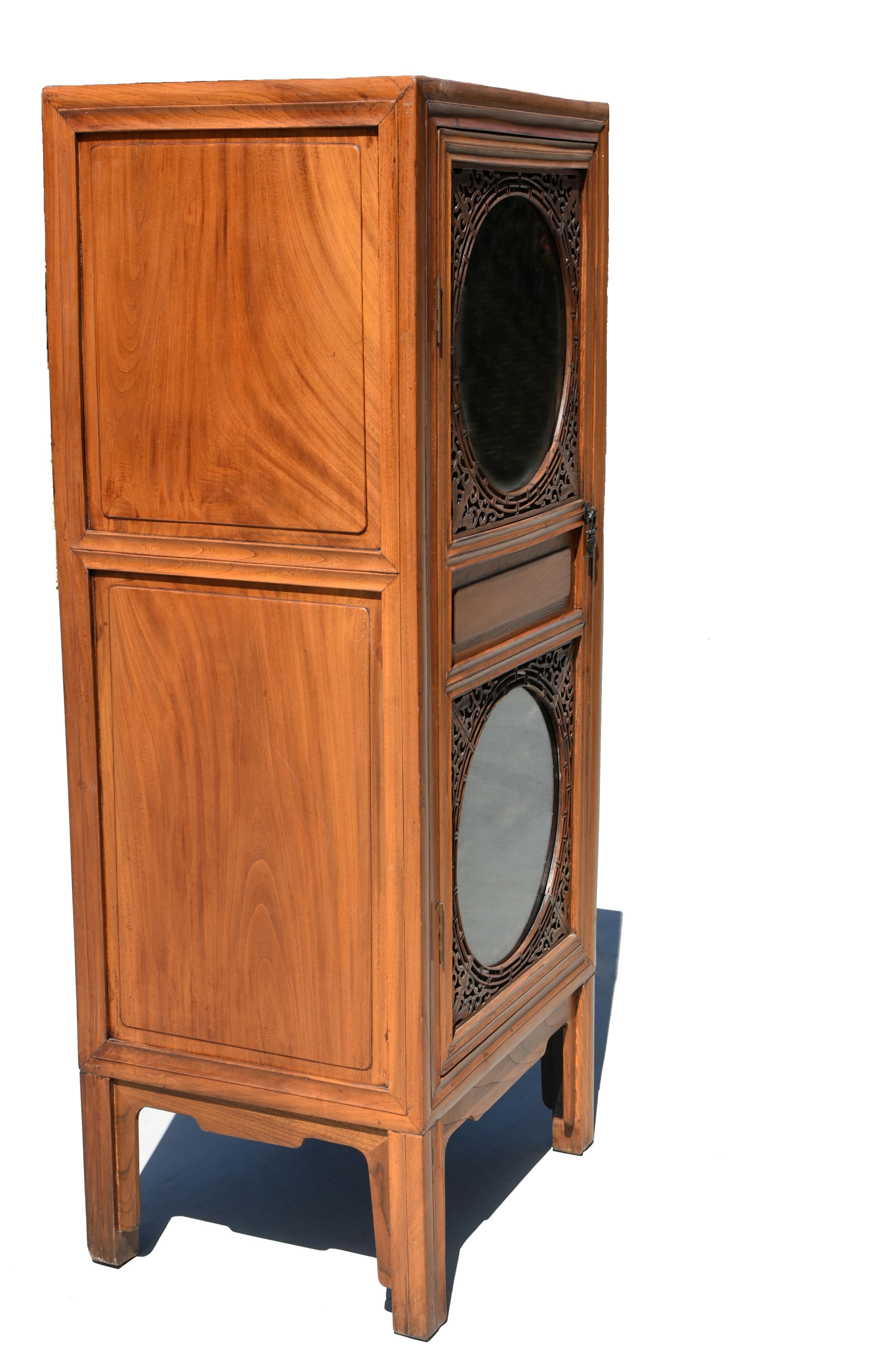 Joinery Chinese Linen Glass Cabinet with Carved Wood For Sale
