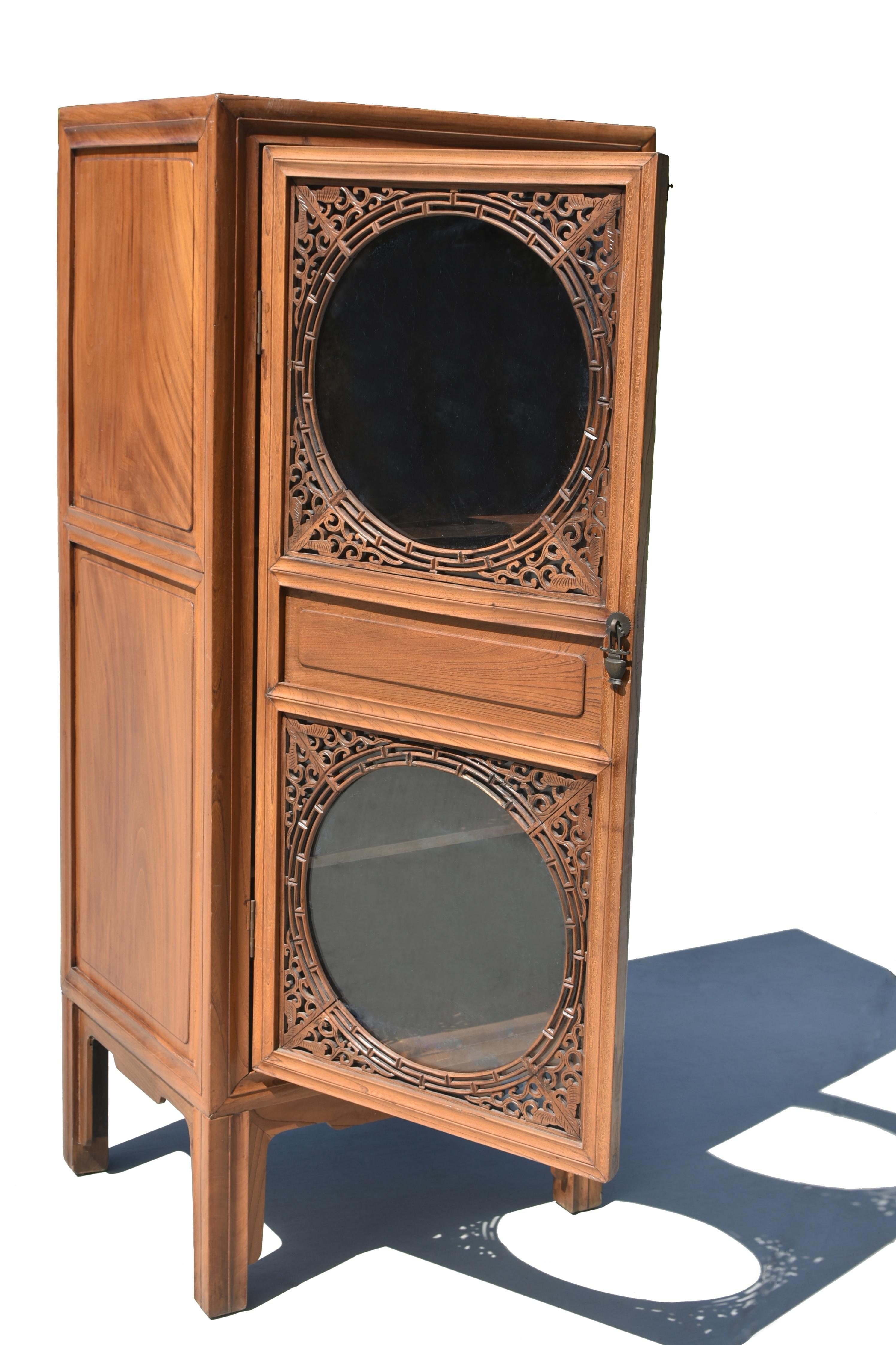Chinese Linen Glass Cabinet with Carved Wood For Sale 4