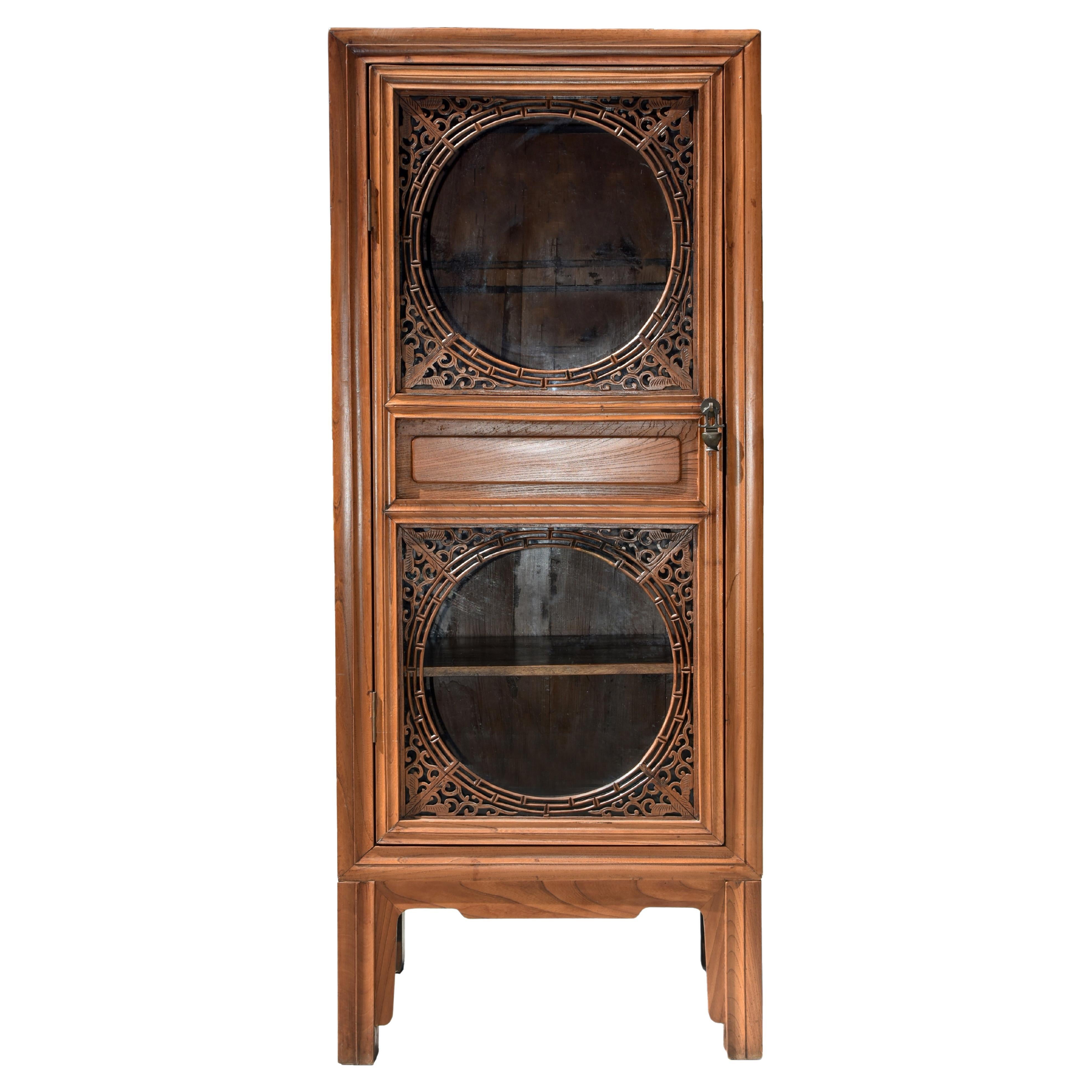 Chinese Linen Glass Cabinet with Carved Wood For Sale
