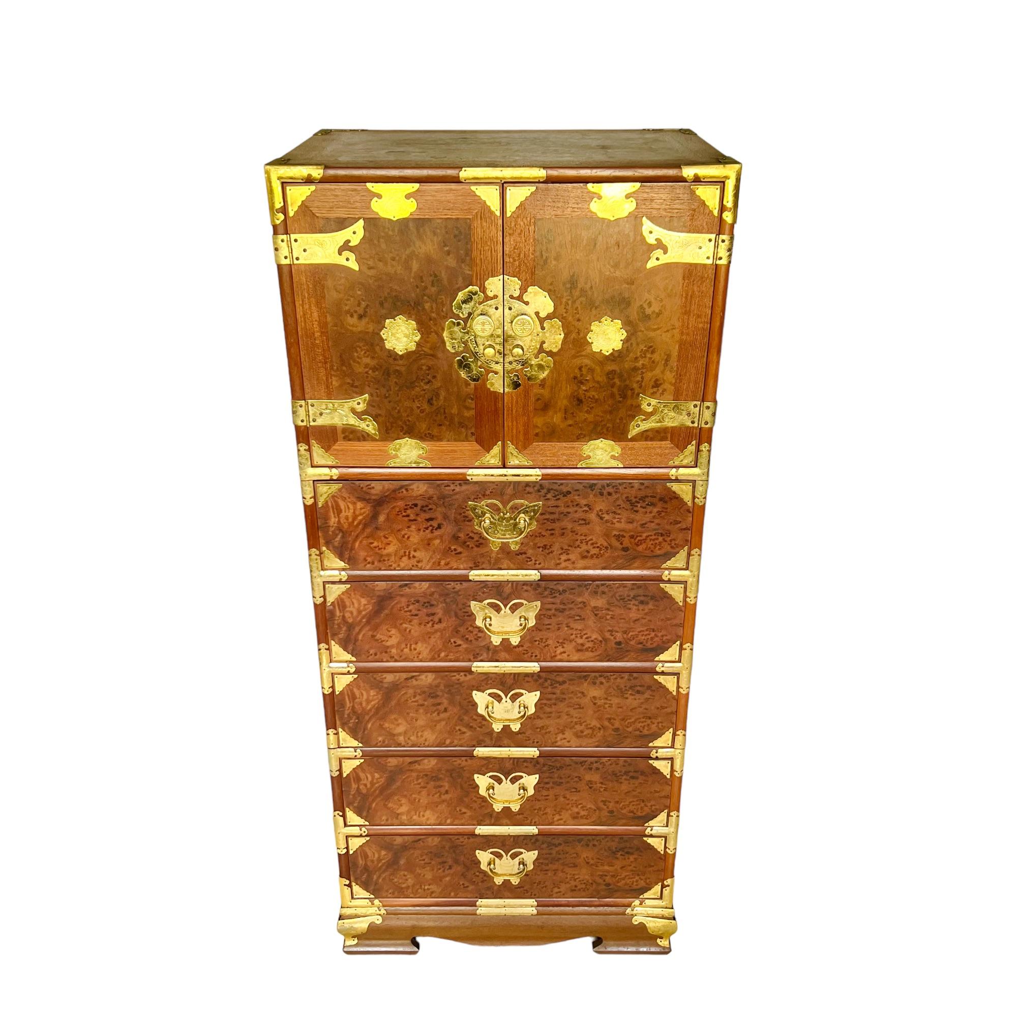 Chinoiserie Chinese Lingerie Chest and Korean Apothecary Cabinet, a Set