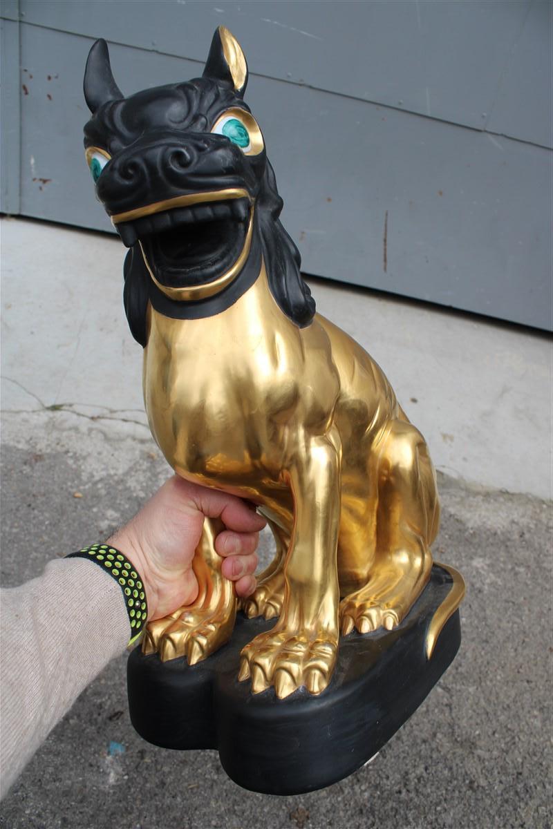 Italian Chinese Lion in 24kt Black Gold Porcelain Florentine Manufacture Tuscany, 1970s  For Sale