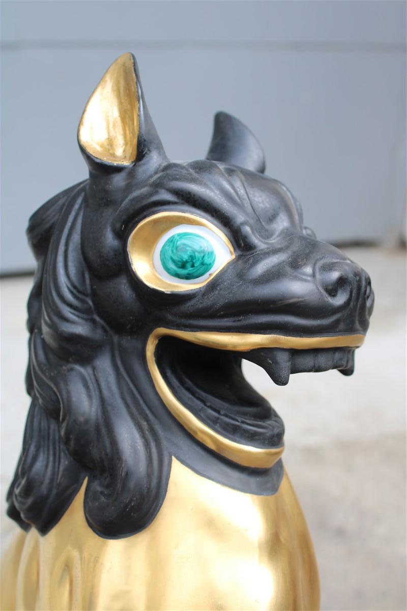 Late 20th Century Chinese Lion in 24kt Black Gold Porcelain Florentine Manufacture Tuscany, 1970s For Sale