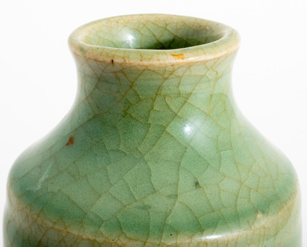 Chinese Longquan Ge Yao Celadon Glazed Ceramic Vase, together with a carved hongmu stand. Vase: 8.25