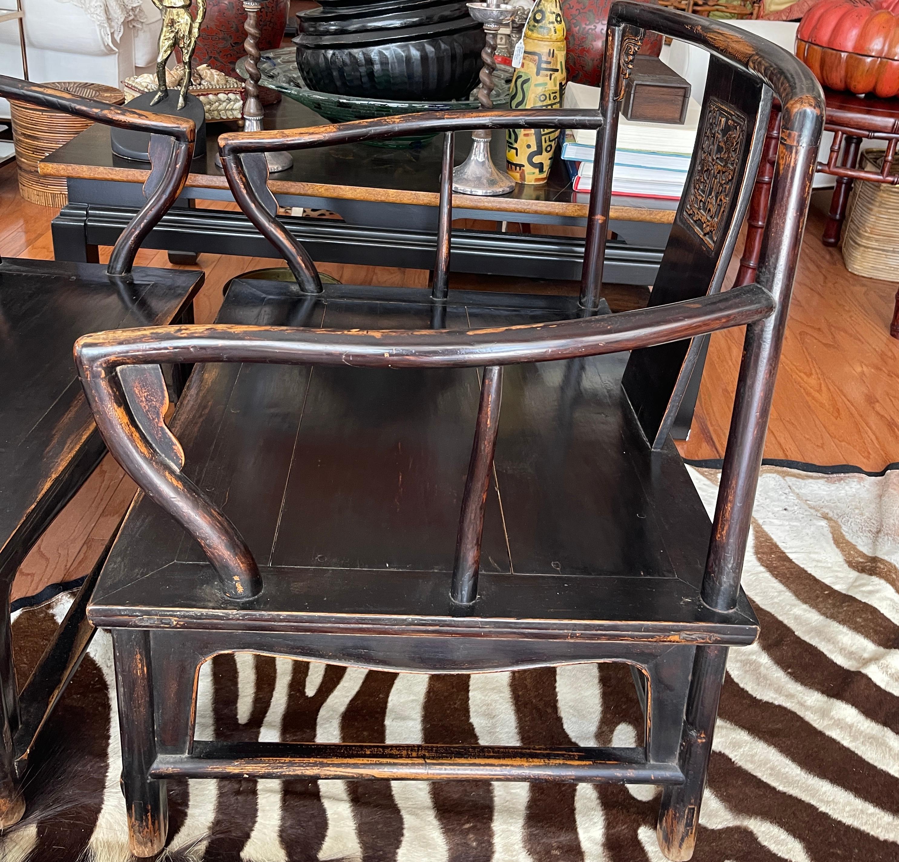 Ebonized Chinese Low Chairs With Carved Back Panel, Late 19Th C., A-Pair For Sale