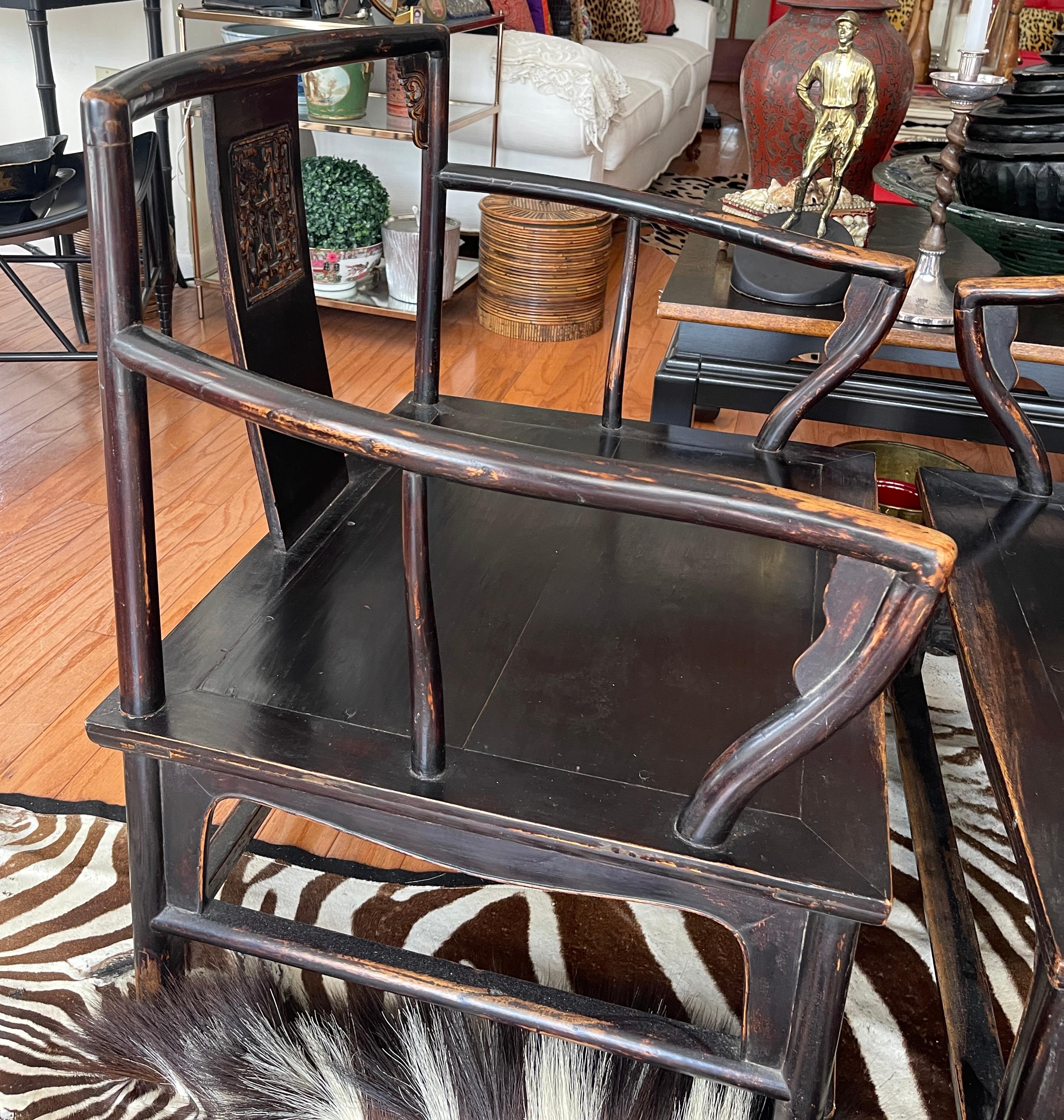 Chinese Low Chairs With Carved Back Panel, Late 19Th C., A-Pair In Good Condition For Sale In West Palm Beach, FL