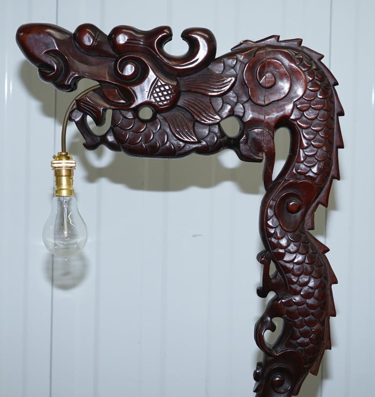 Hand Carved Wood Floor Standing Lamp, Antique Chinese Dragon Floor Lamp