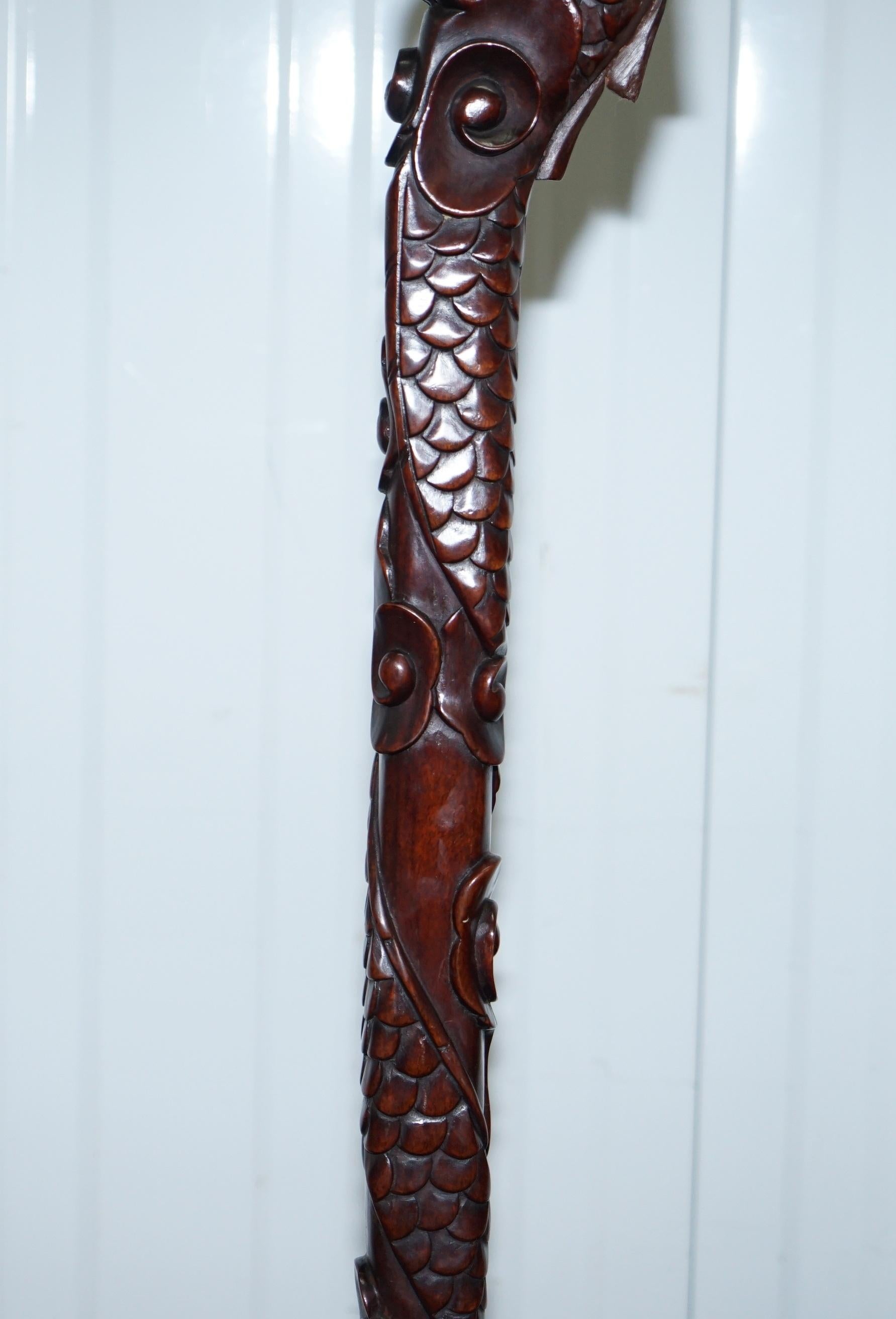 Chinese Export Chinese Mahogany Dragon 1920s Hand-Carved Wood Floor Standing Lamp Part of Set