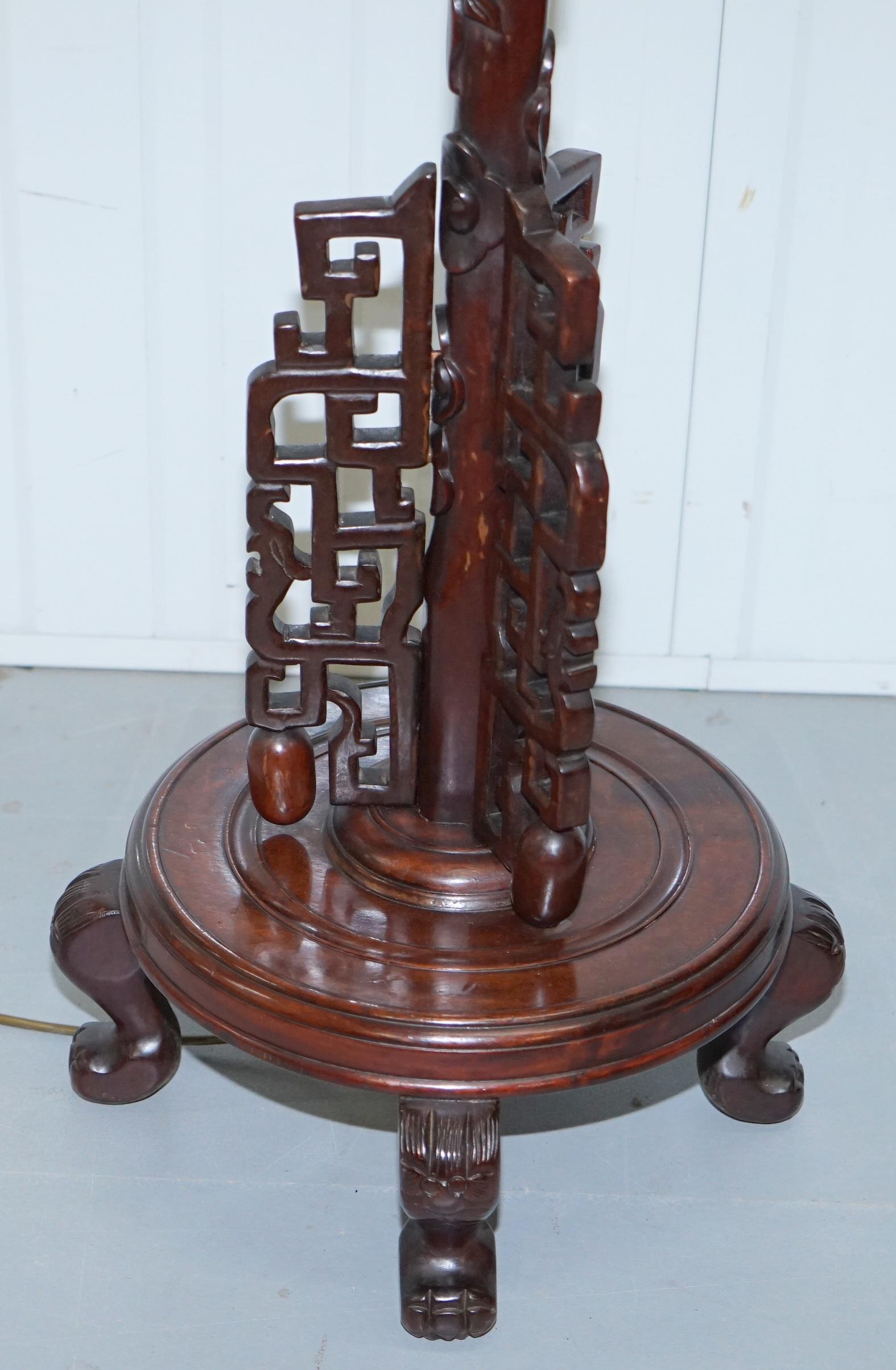 20th Century Chinese Mahogany Dragon 1920s Hand-Carved Wood Floor Standing Lamp Part of Set