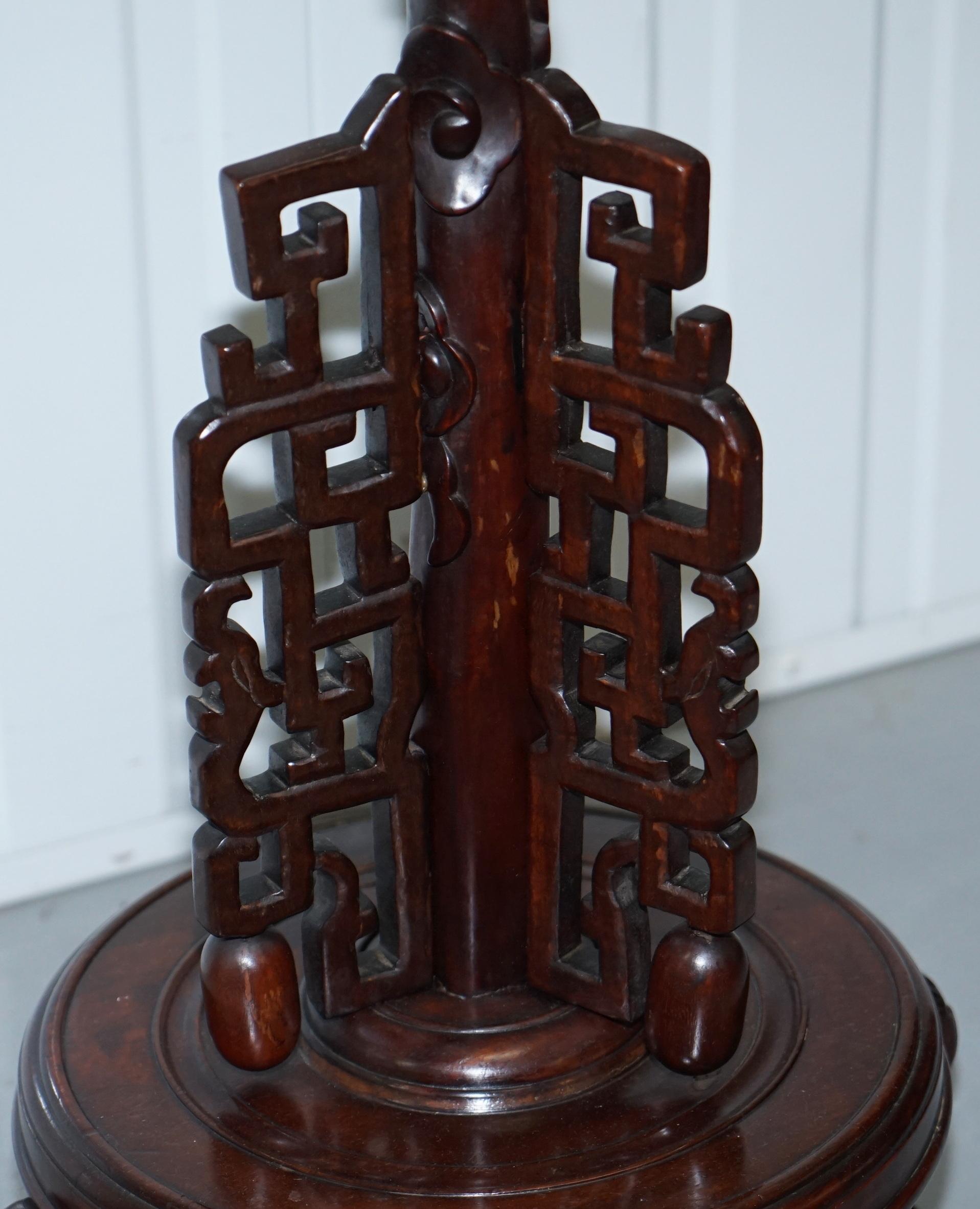 Chinese Mahogany Dragon 1920s Hand-Carved Wood Floor Standing Lamp Part of Set 2