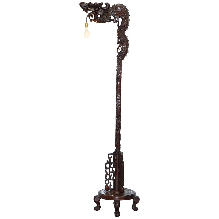 Hand Carved Wood Floor Standing Lamp, Antique Chinese Dragon Floor Lamp