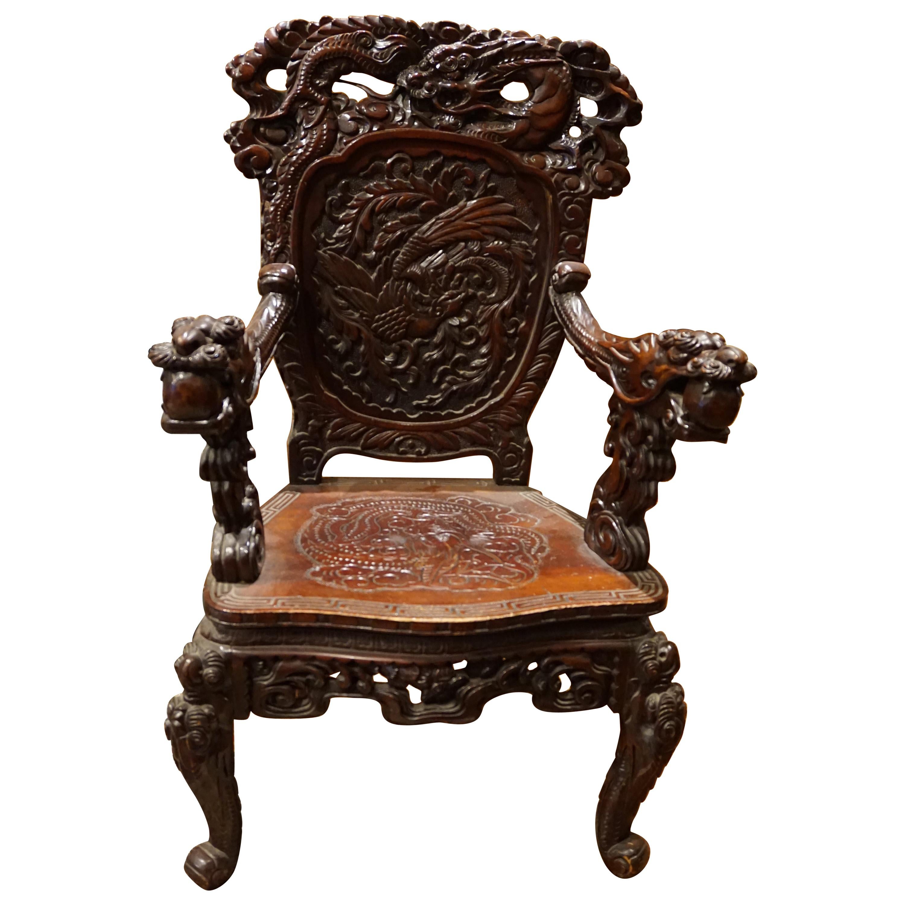 Chinese Mahogany Dragon and Phoenix Minister's Chair, 1890