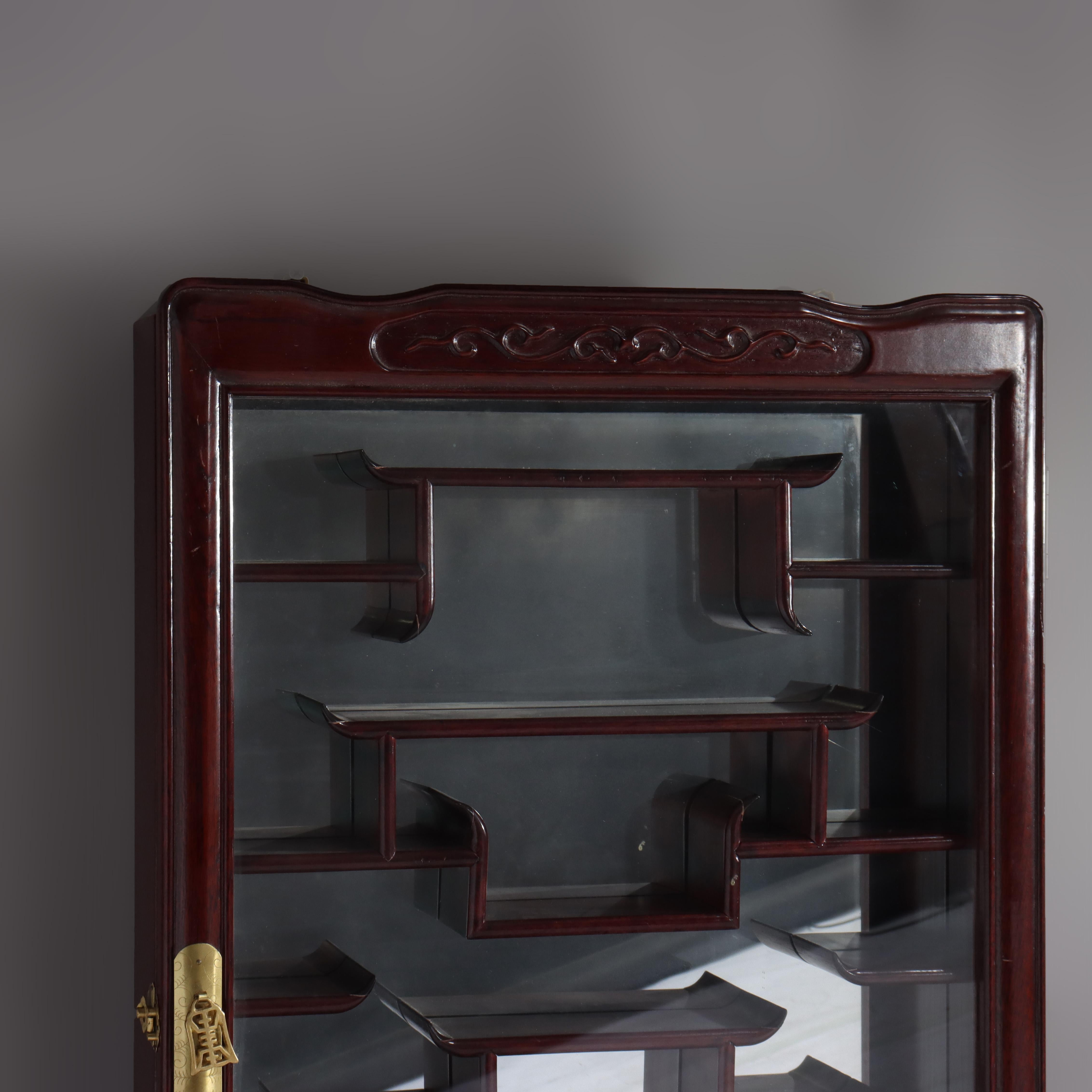 Chinese Mahogany Hanging Curio Wall Cabinet with Offset Display Shelves 20thC In Good Condition For Sale In Big Flats, NY