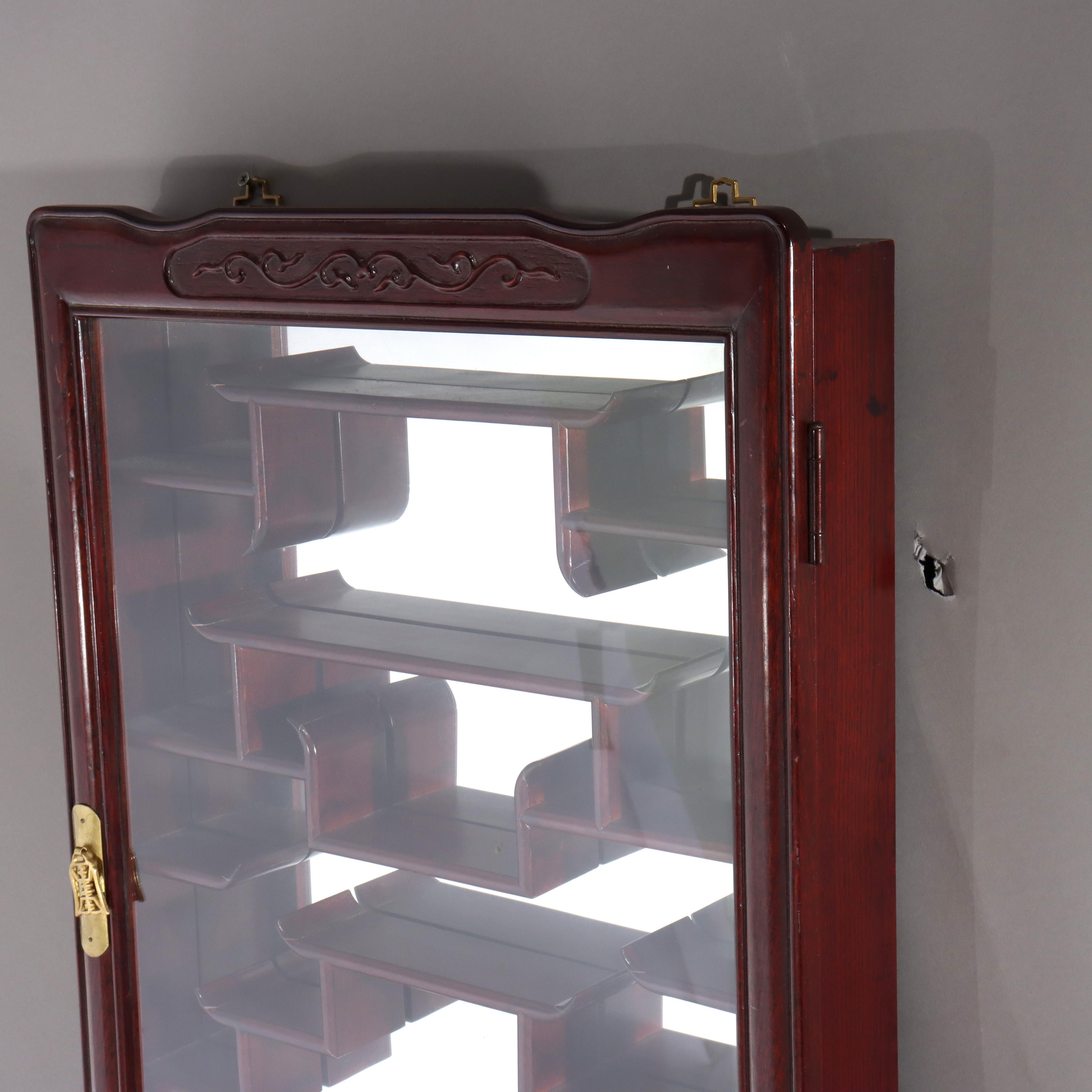 20th Century Chinese Mahogany Hanging Curio Wall Cabinet with Offset Display Shelves 20thC For Sale