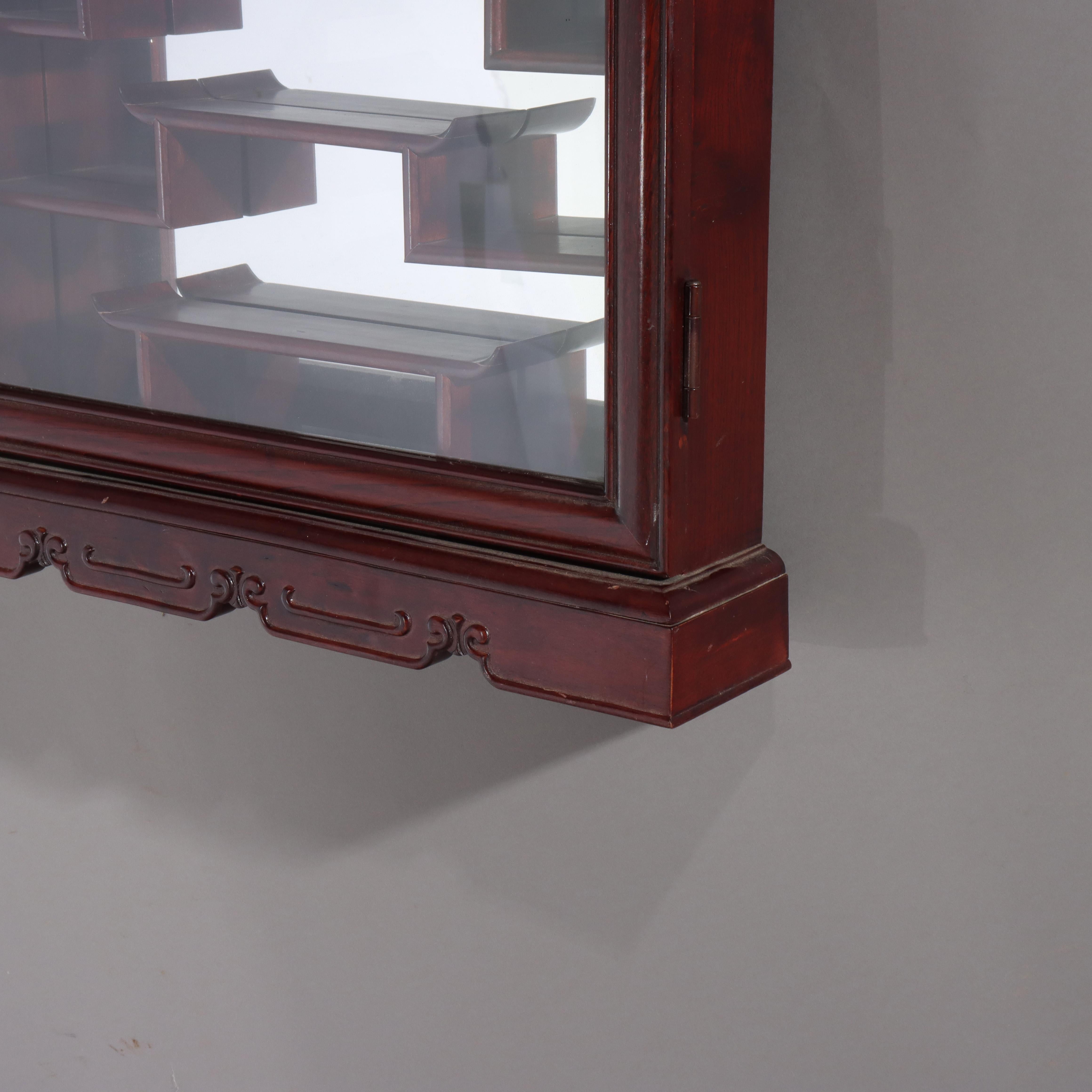 Chinese Mahogany Hanging Curio Wall Cabinet with Offset Display Shelves 20thC For Sale 1