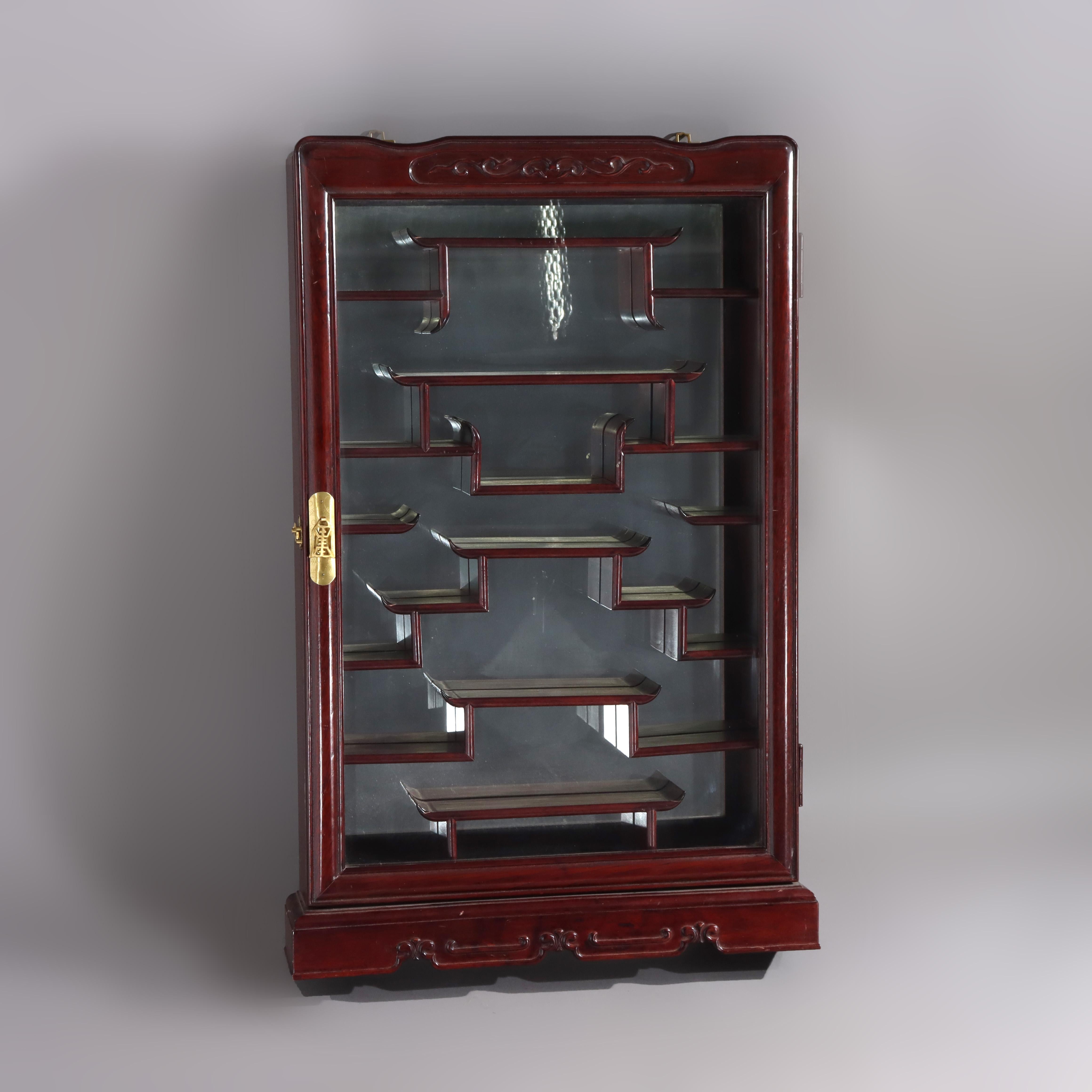Chinese Mahogany Hanging Curio Wall Cabinet with Offset Display Shelves 20thC For Sale 2