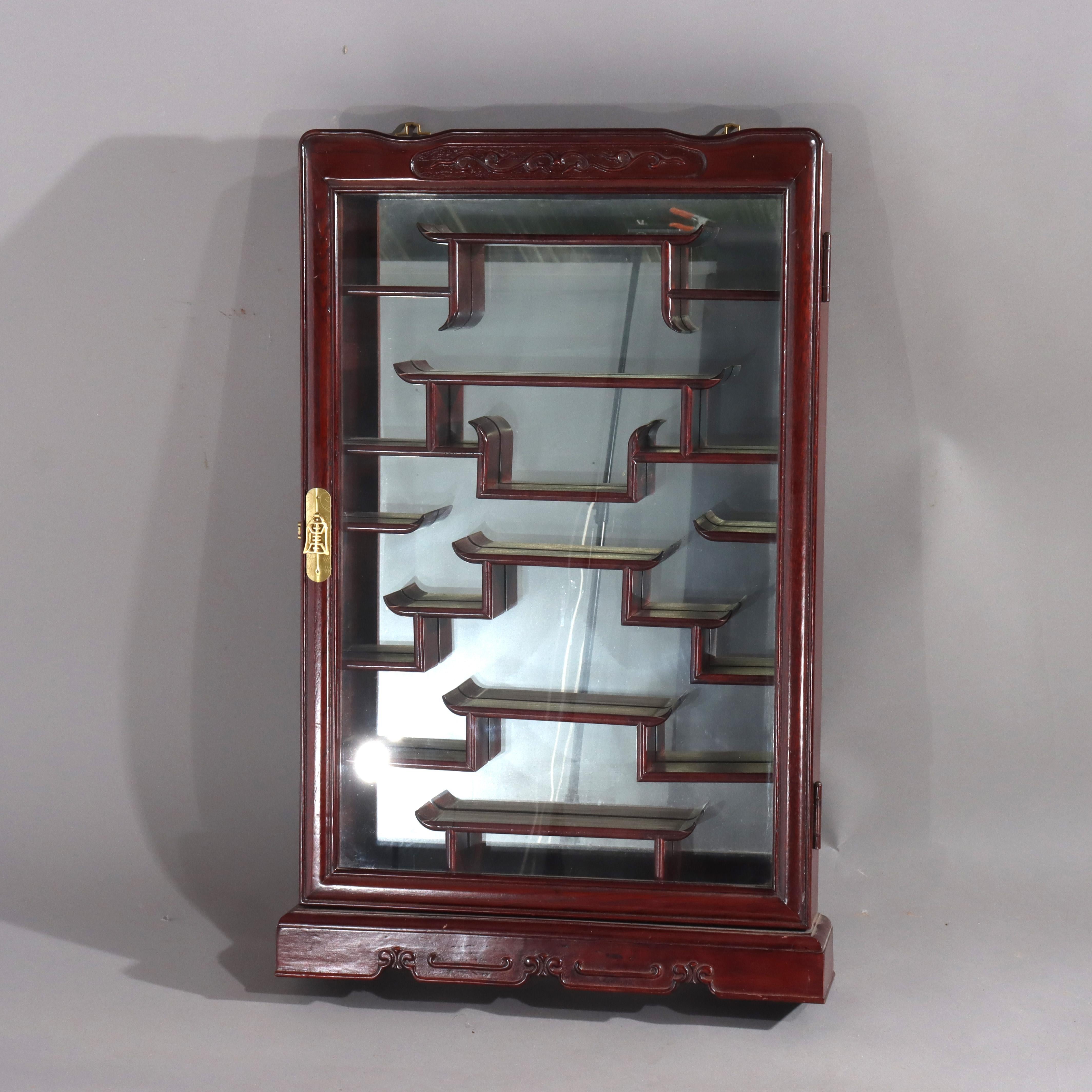 Chinese Mahogany Hanging Curio Wall Cabinet with Offset Display Shelves 20thC For Sale 3