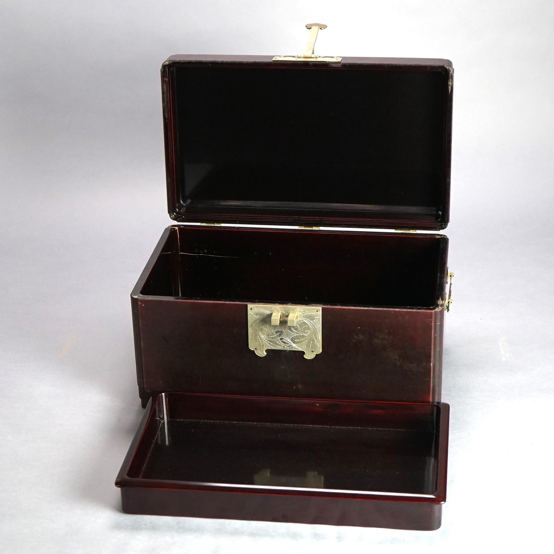 Chinese Mahogany Sewing Box with Engraved Metal Clasp 20thC 5