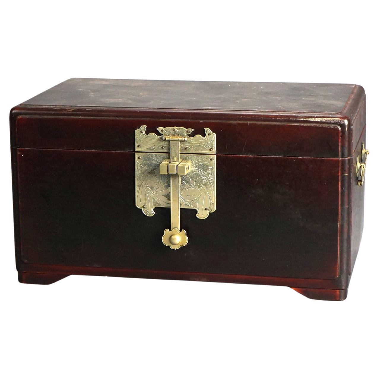 Chinese Mahogany Sewing Box with Engraved Metal Clasp 20thC For Sale