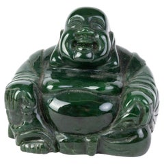 Antique Chinese Malachite Carving Laughing Buddha Buddhist Sculpture 19th Century Qing