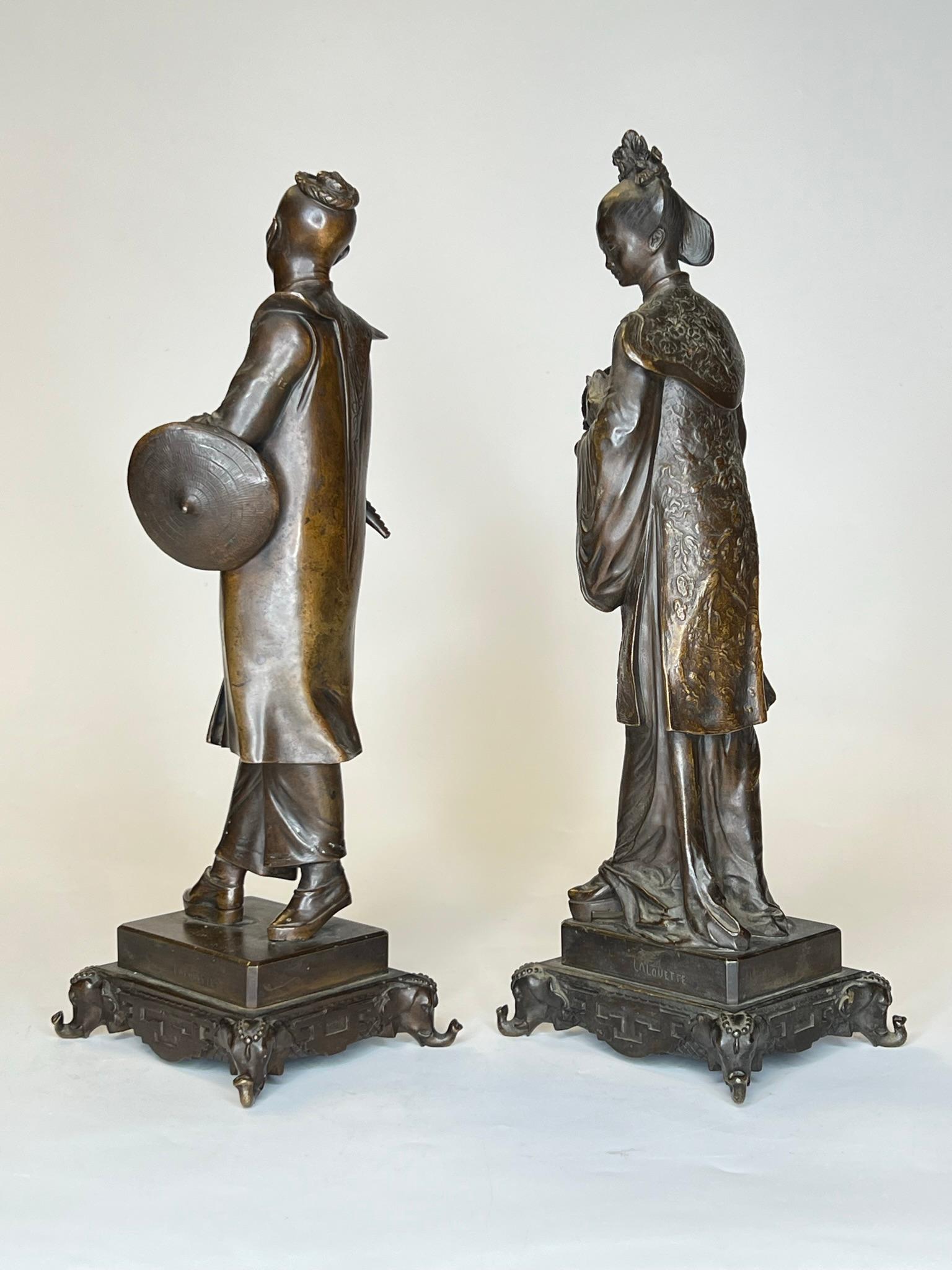 Chinoiserie Chinese Man and Woman Bronze Figures After Auguste Louis Lalouette (1826-1883)