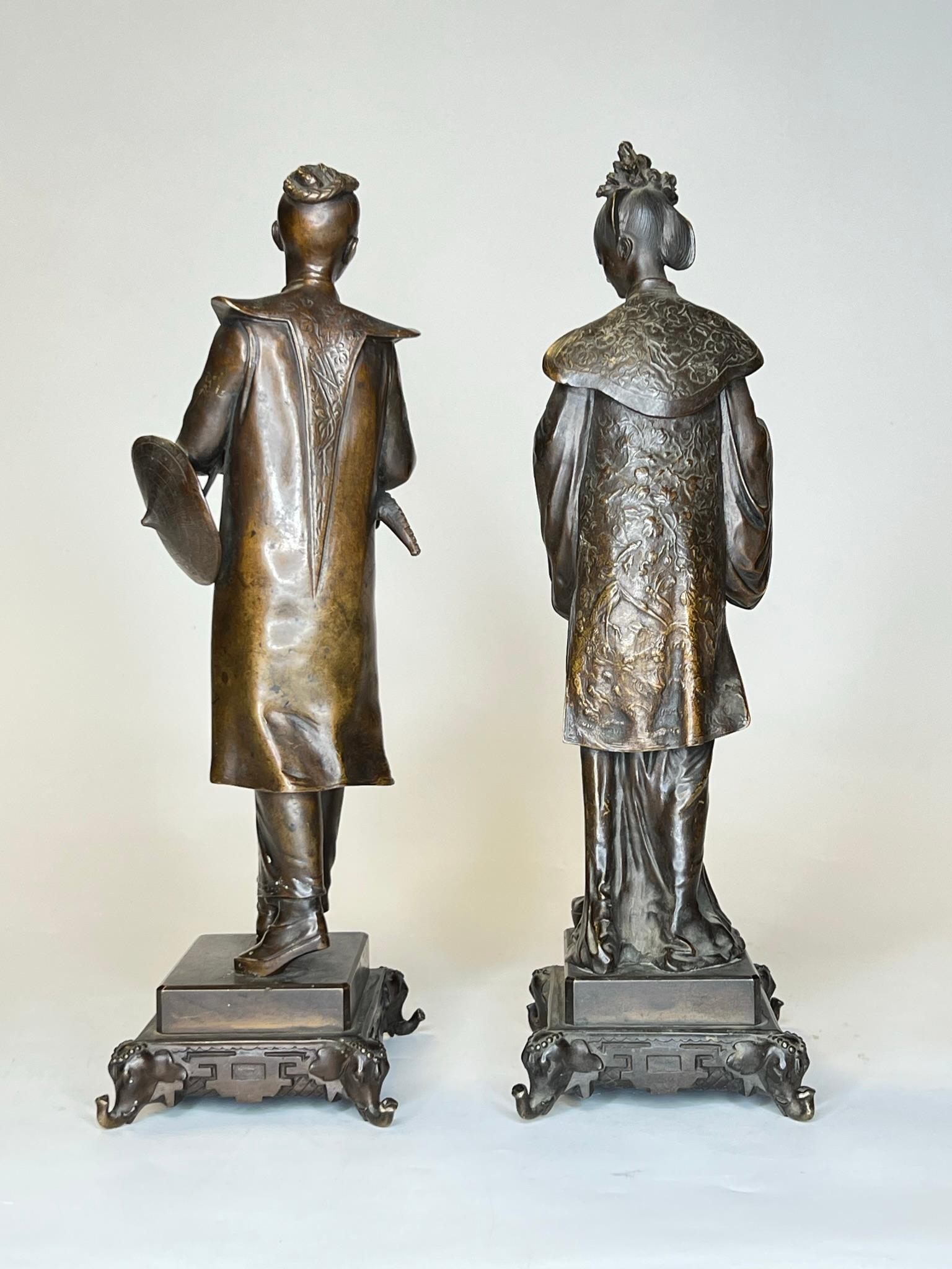 European Chinese Man and Woman Bronze Figures After Auguste Louis Lalouette (1826-1883)