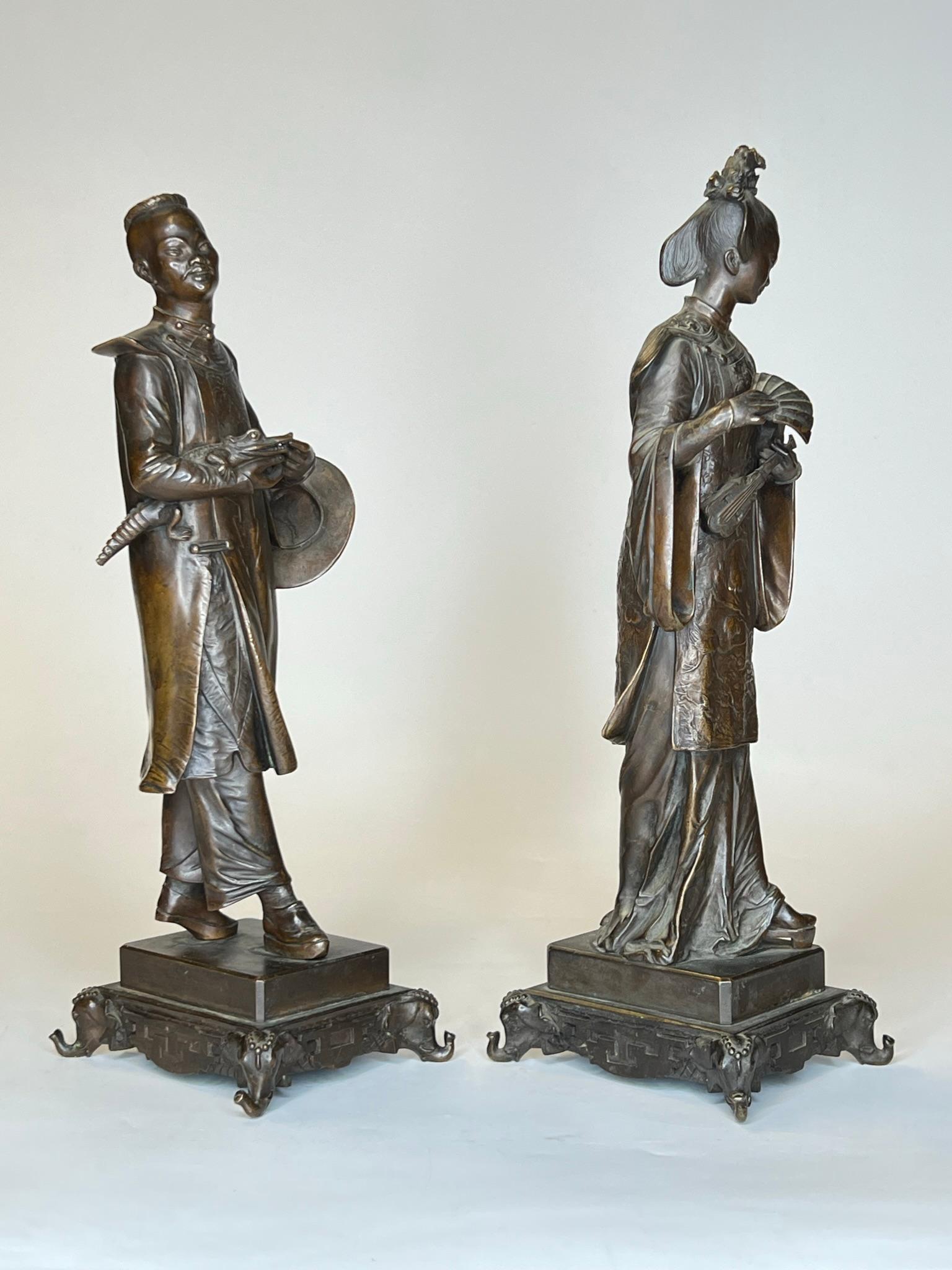 19th Century Chinese Man and Woman Bronze Figures After Auguste Louis Lalouette (1826-1883)