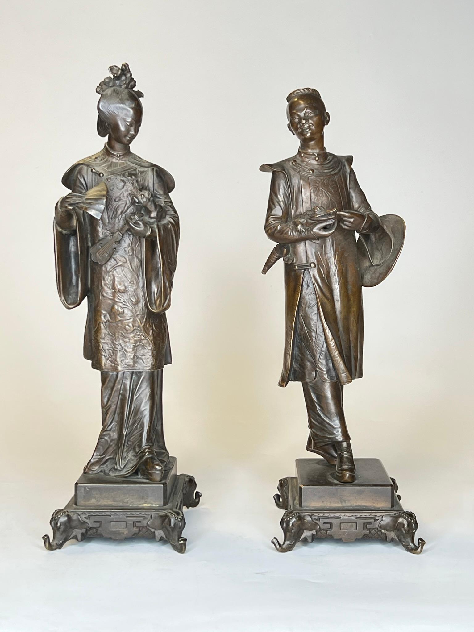Chinese Man and Woman Bronze Figures After Auguste Louis Lalouette (1826-1883) 1