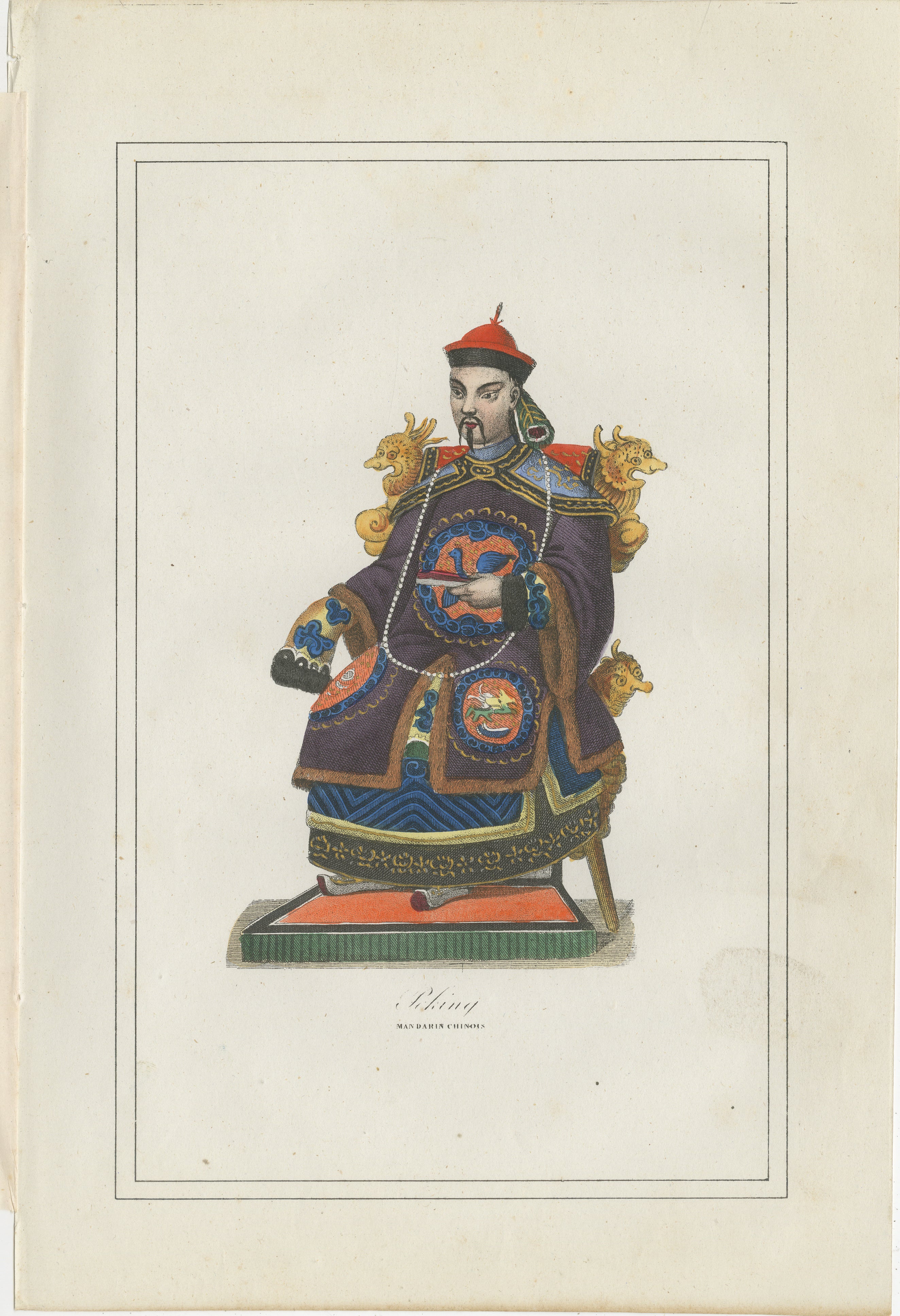 Chinesischer Mandarin-Kostümdruck - Antike handkolorierte Lithographie, 1854

Diese antike handkolorierte Lithografie, die 1854 im Album des Voyages Anciens et Modernes von Martial Ardant Frères veröffentlicht wurde, zeigt einen Mandarin aus Peking,