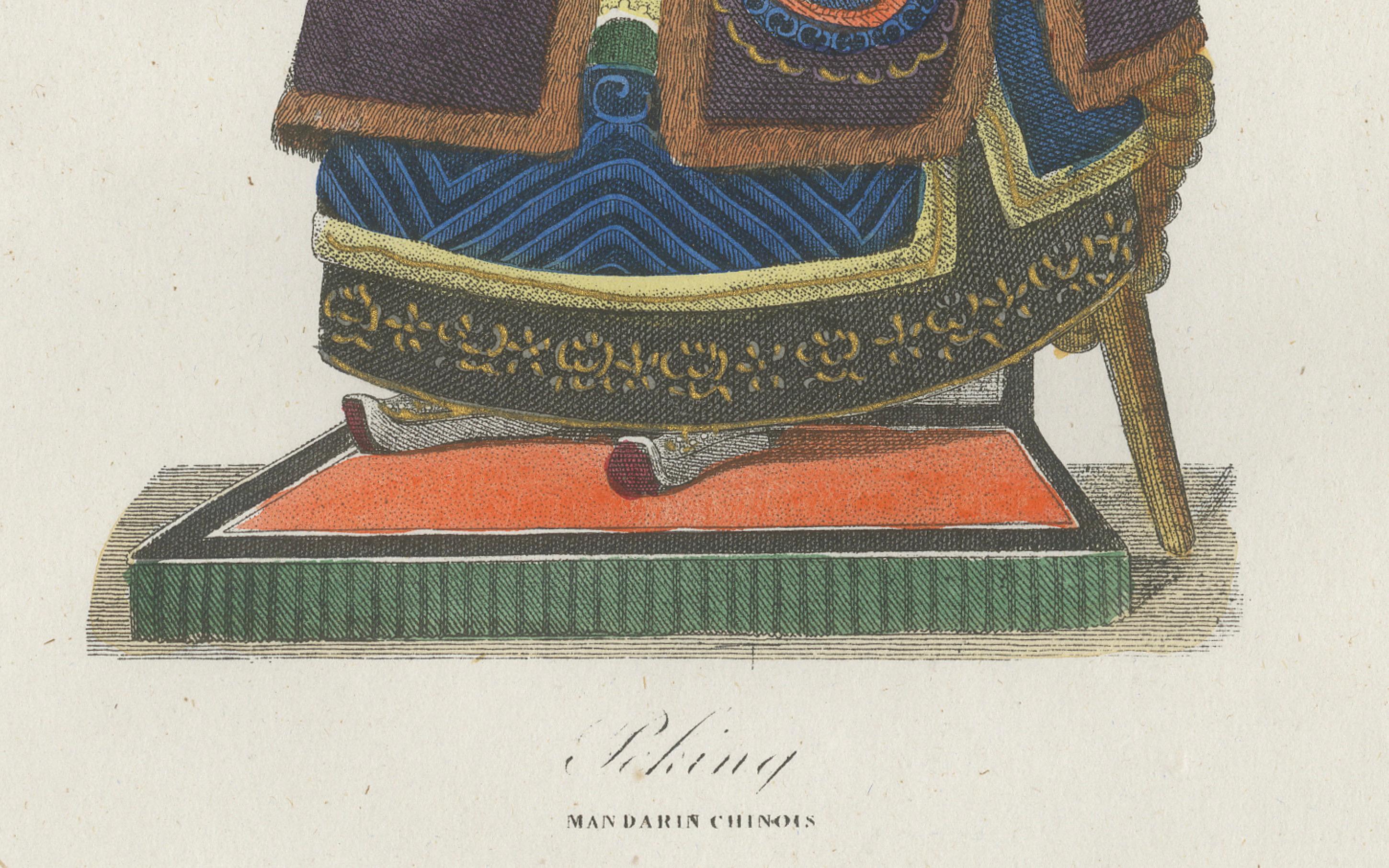Chinesischer Mandarin-Kostümdruck - Antike handkolorierte Lithographie, 1854 (Französisch) im Angebot