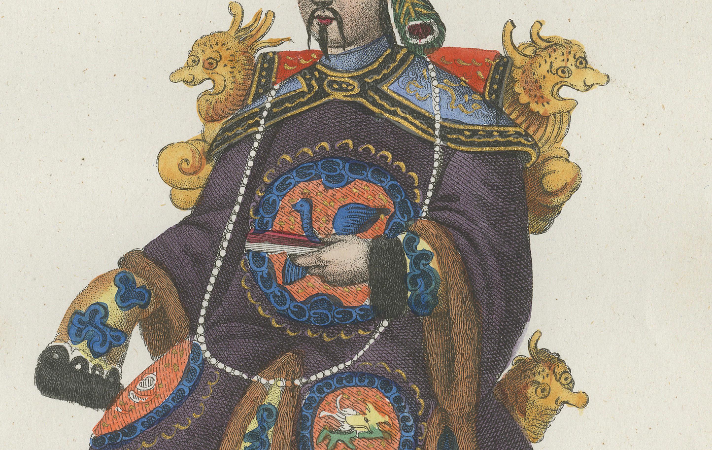 Chinesischer Mandarin-Kostümdruck - Antike handkolorierte Lithographie, 1854 im Zustand „Gut“ im Angebot in Langweer, NL