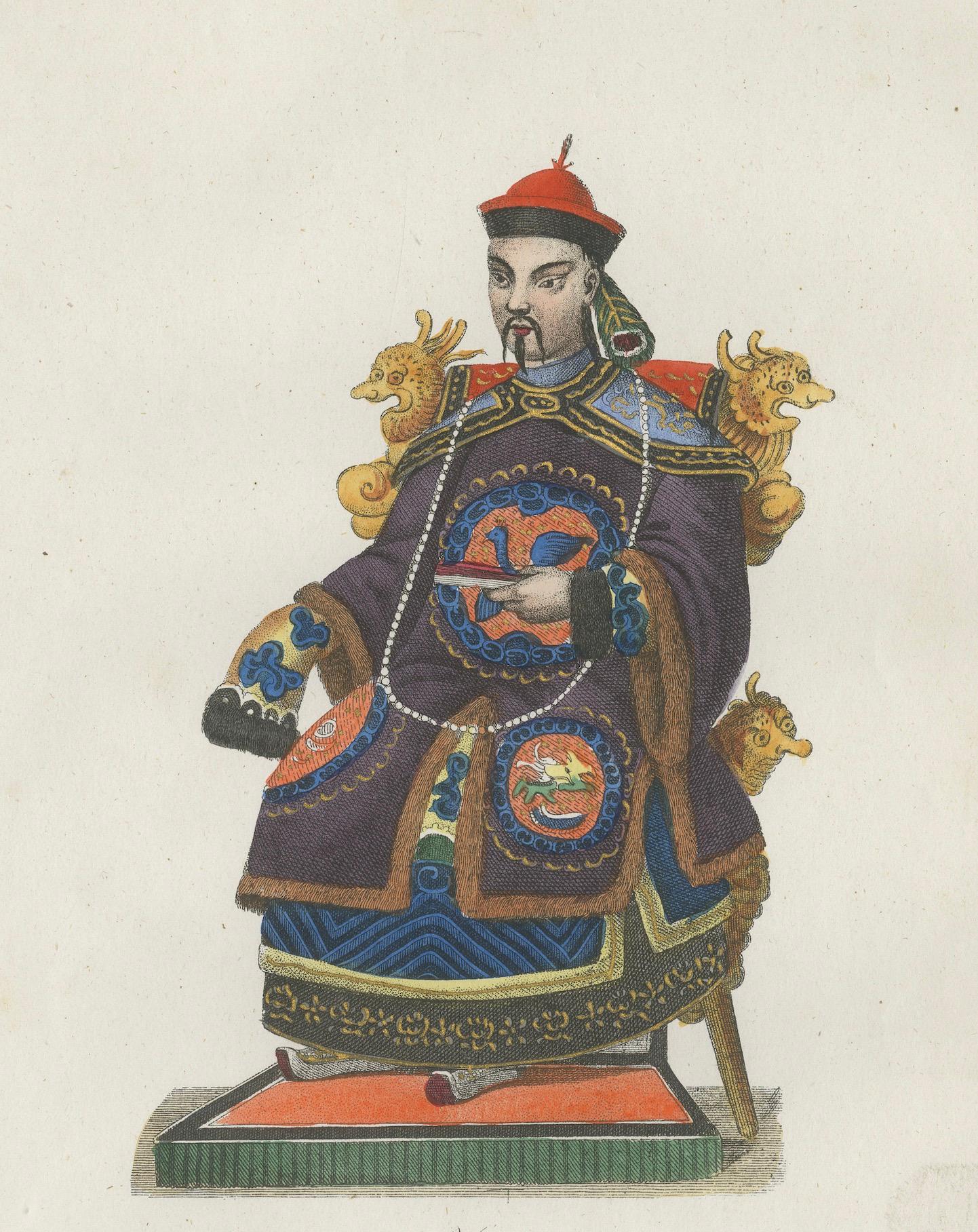 Chinesischer Mandarin-Kostümdruck - Antike handkolorierte Lithographie, 1854 (Papier) im Angebot