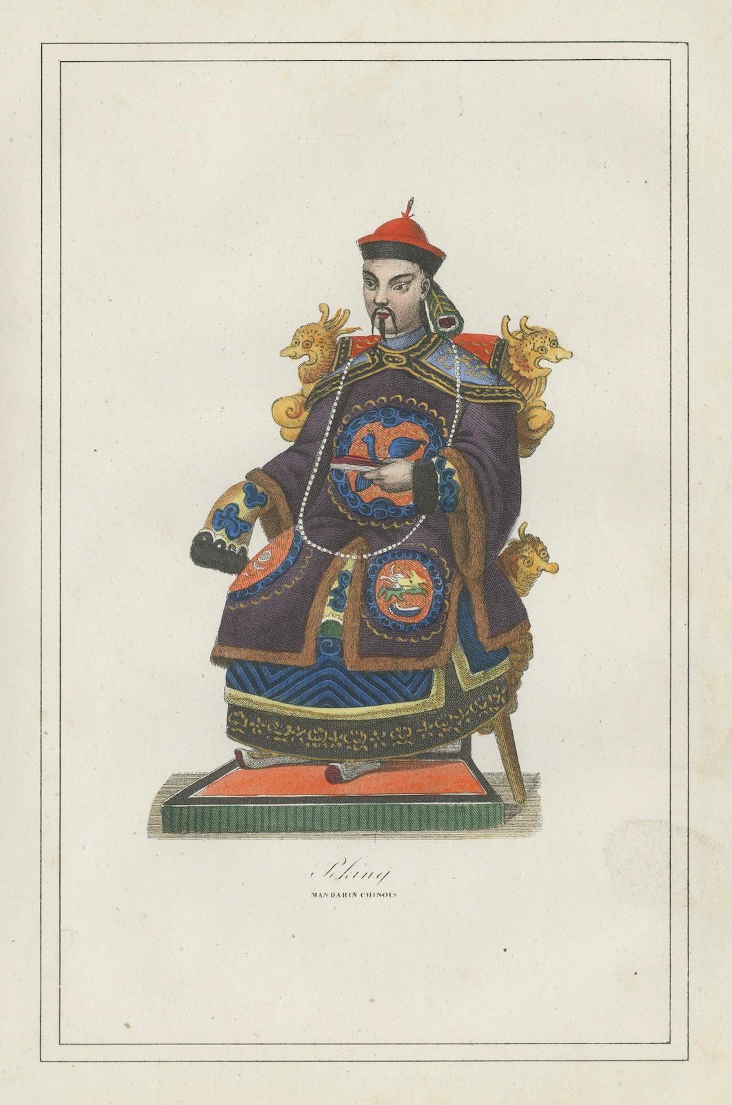 Chinesischer Mandarin-Kostümdruck - Antike handkolorierte Lithographie, 1854 im Angebot 1