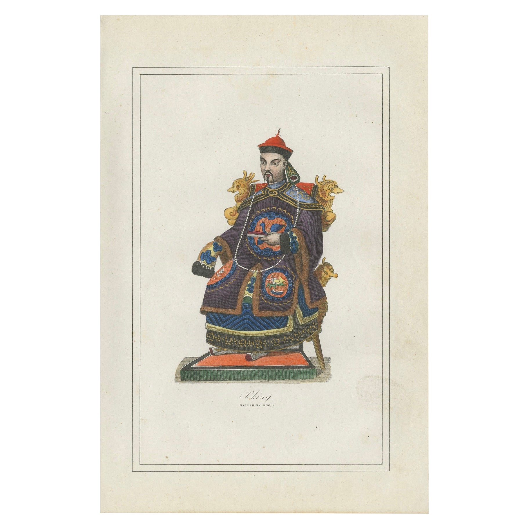 Chinesischer Mandarin-Kostümdruck - Antike handkolorierte Lithographie, 1854
