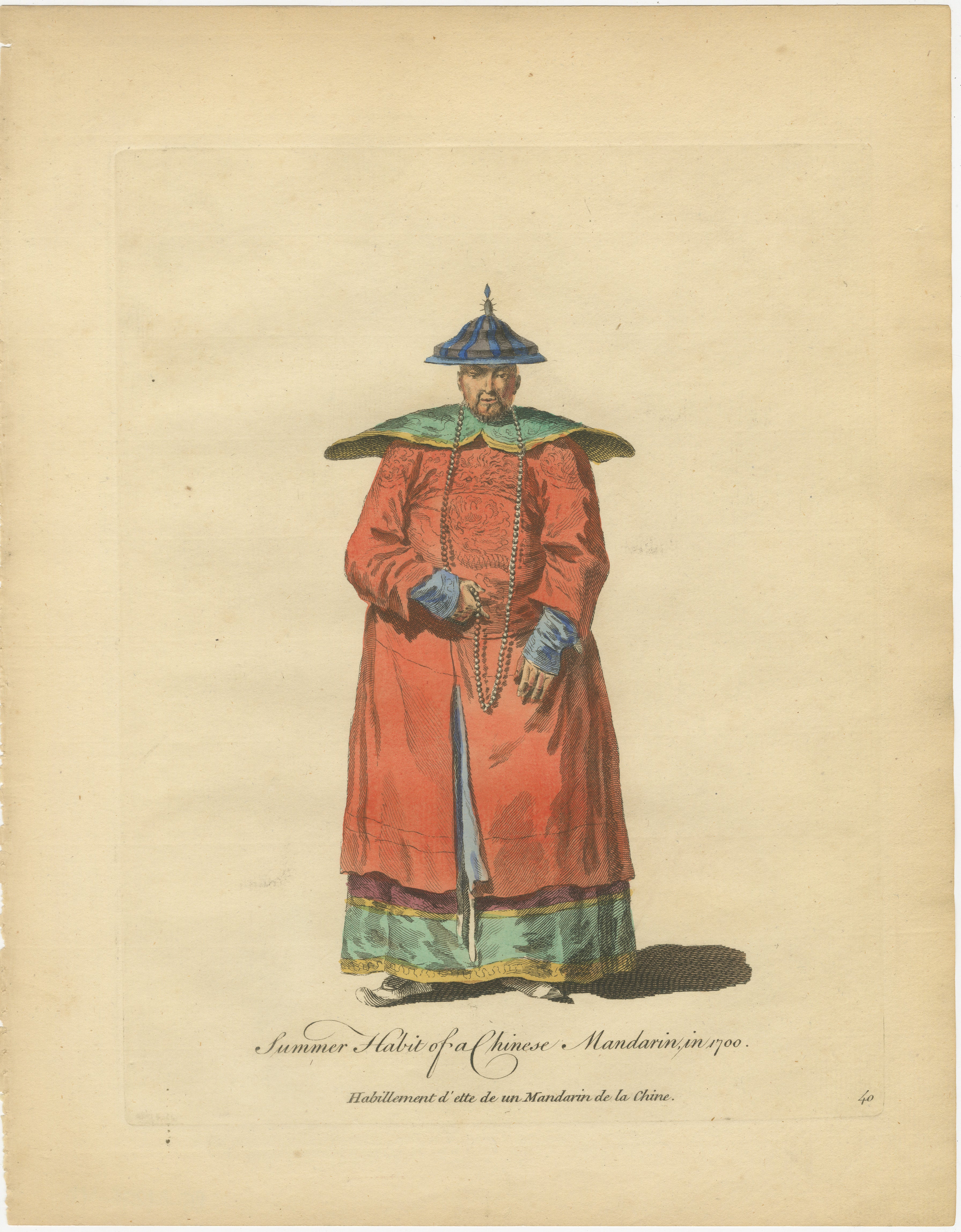 Chinese Mandarin Official in Light Summer Robes, Antique Costume Print, 1749 For Sale