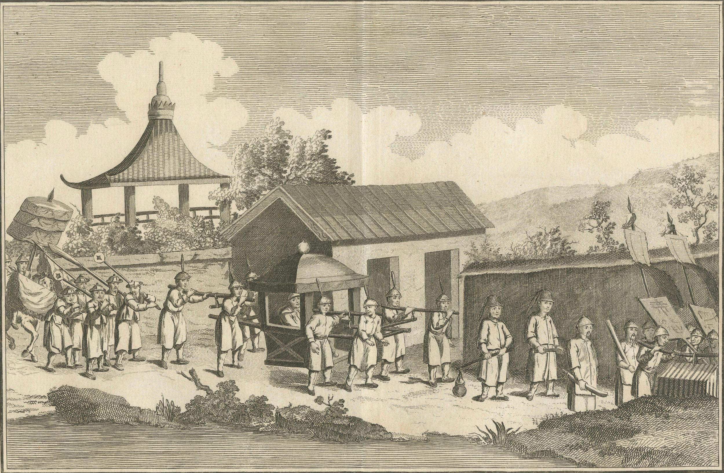 Mandarin chinois avec une suite de gardes - Gravure d'après Sonnerat, 1806 Bon état - En vente à Langweer, NL