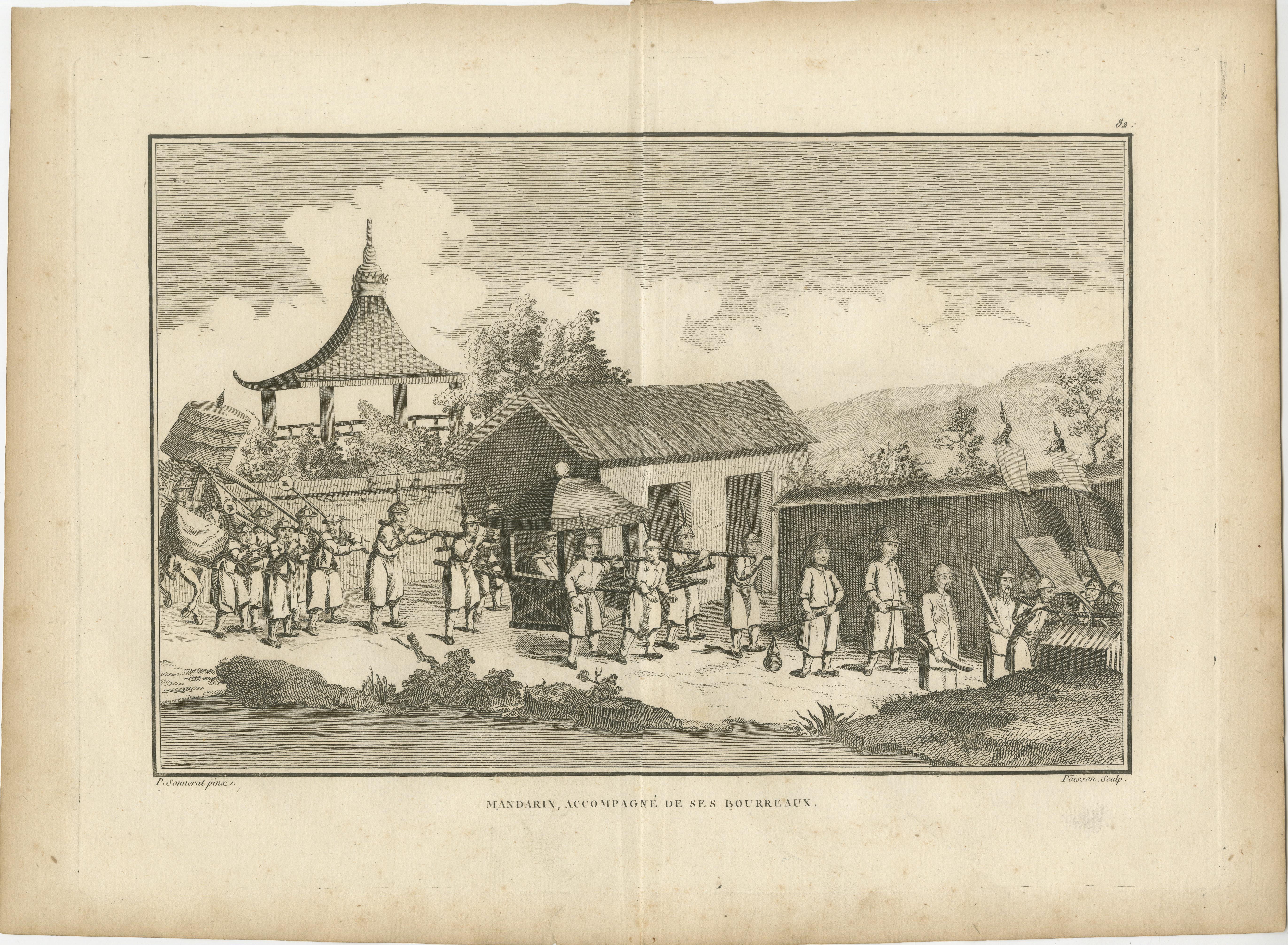 Papier Mandarin chinois avec une suite de gardes - Gravure d'après Sonnerat, 1806 en vente