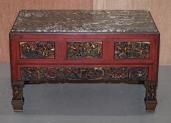 Chinese Marbel Topped Tea or Coffee Table Using Vintage Carved Giltwood Panels