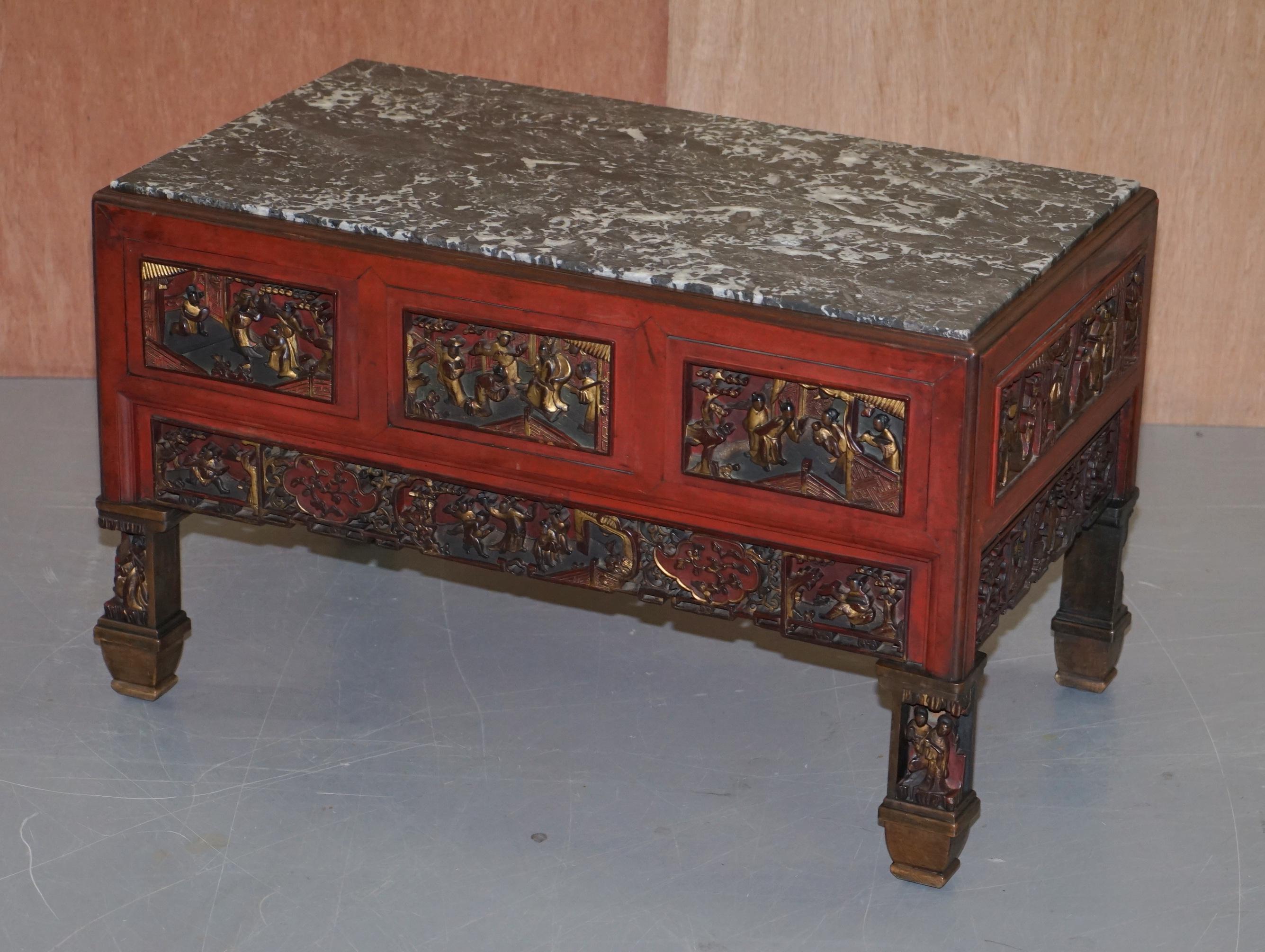 Chinese Export Chinese Marbel Topped Tea or Coffee Table Using Vintage Carved Giltwood Panels For Sale