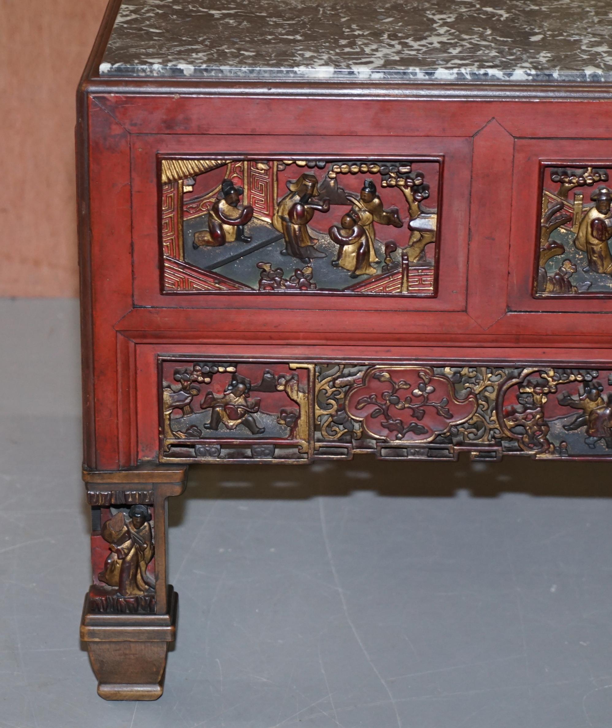 Chinese Marbel Topped Tea or Coffee Table Using Vintage Carved Giltwood Panels For Sale 1