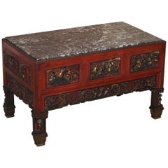 Chinese Marbel Topped Tea or Coffee Table Using Vintage Carved Giltwood Panels