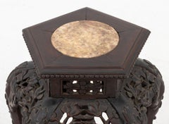 Chinese Marble Inset Carved Wood Pedestal Table