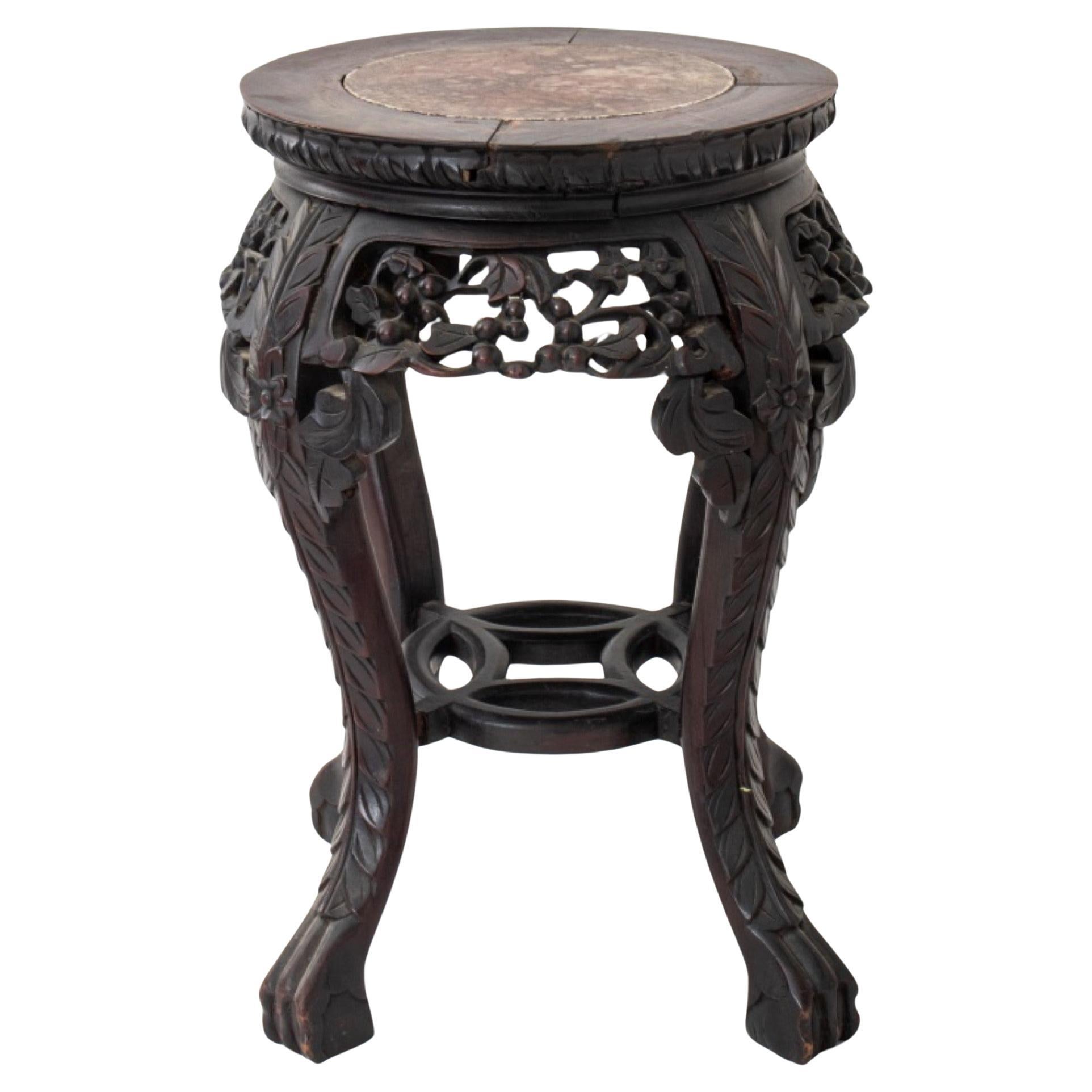 Chinese Marble Mounted Carved Side Table, 19th C.