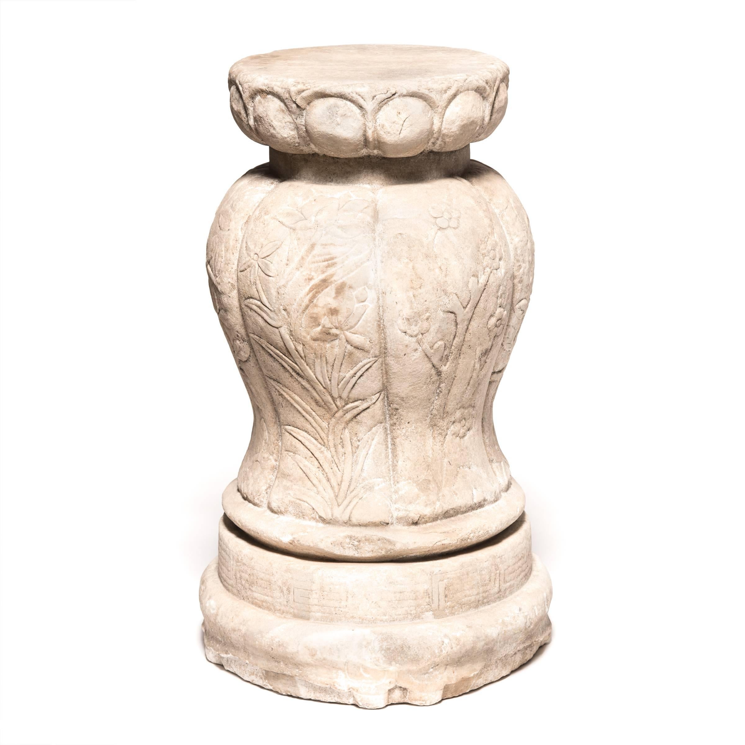 Hand-Carved Chinese Floral Marble Pedestal