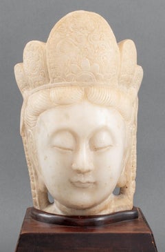 Chinese Marble Quan Yin Head Fragment On Stand