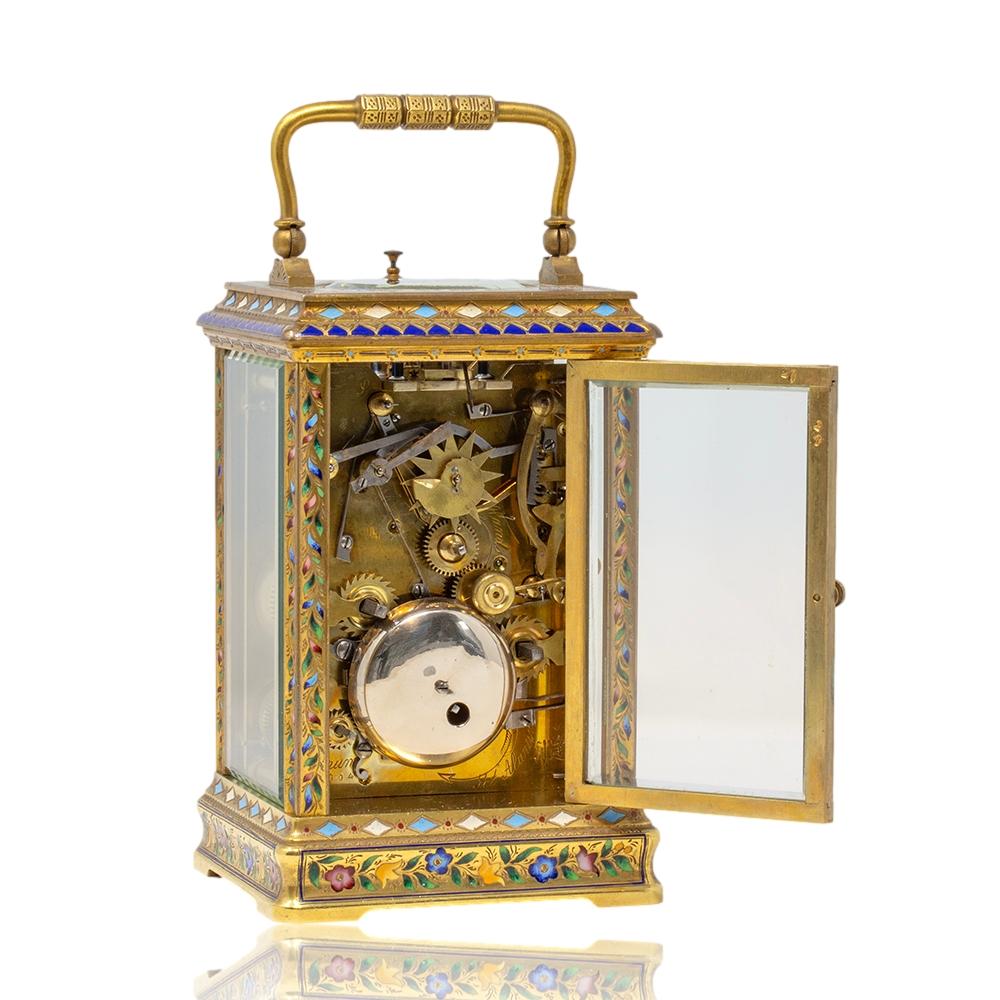Chinese Market Champleve Enamel Carriage Clock by L. Vrard & Co For Sale 4