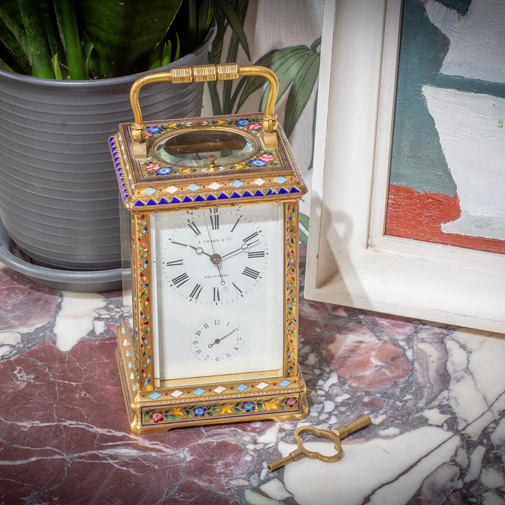 Extremely Rare French Champleve Carriage Clock for the Chinese Market

From our Carriage Clock collection we are delighted to offer this extremely rare Chinese Market Carriage Clock by L. Vrard & Co. The Carriage Clock with a gilt brass Gorge case