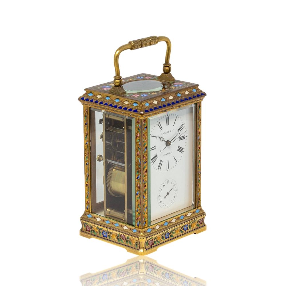 Art Nouveau Chinese Market Champleve Enamel Carriage Clock by L. Vrard & Co For Sale