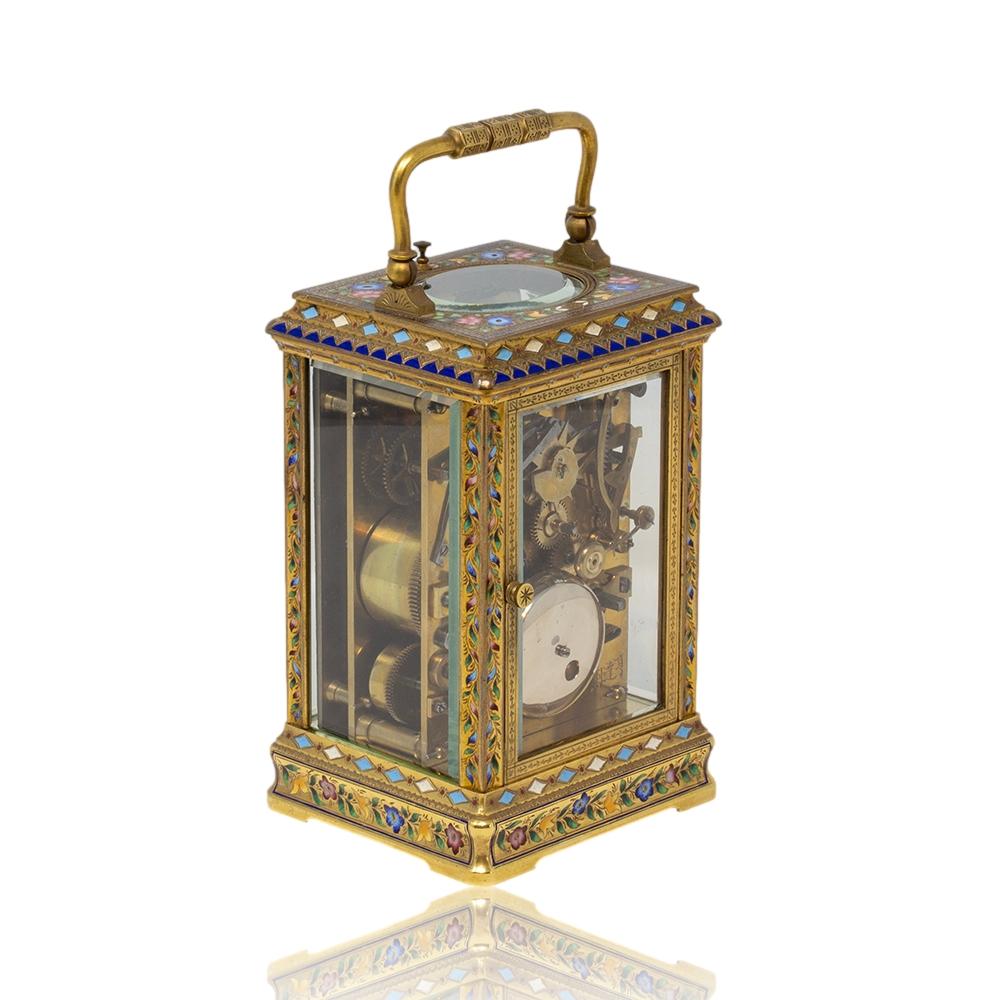French Chinese Market Champleve Enamel Carriage Clock by L. Vrard & Co For Sale